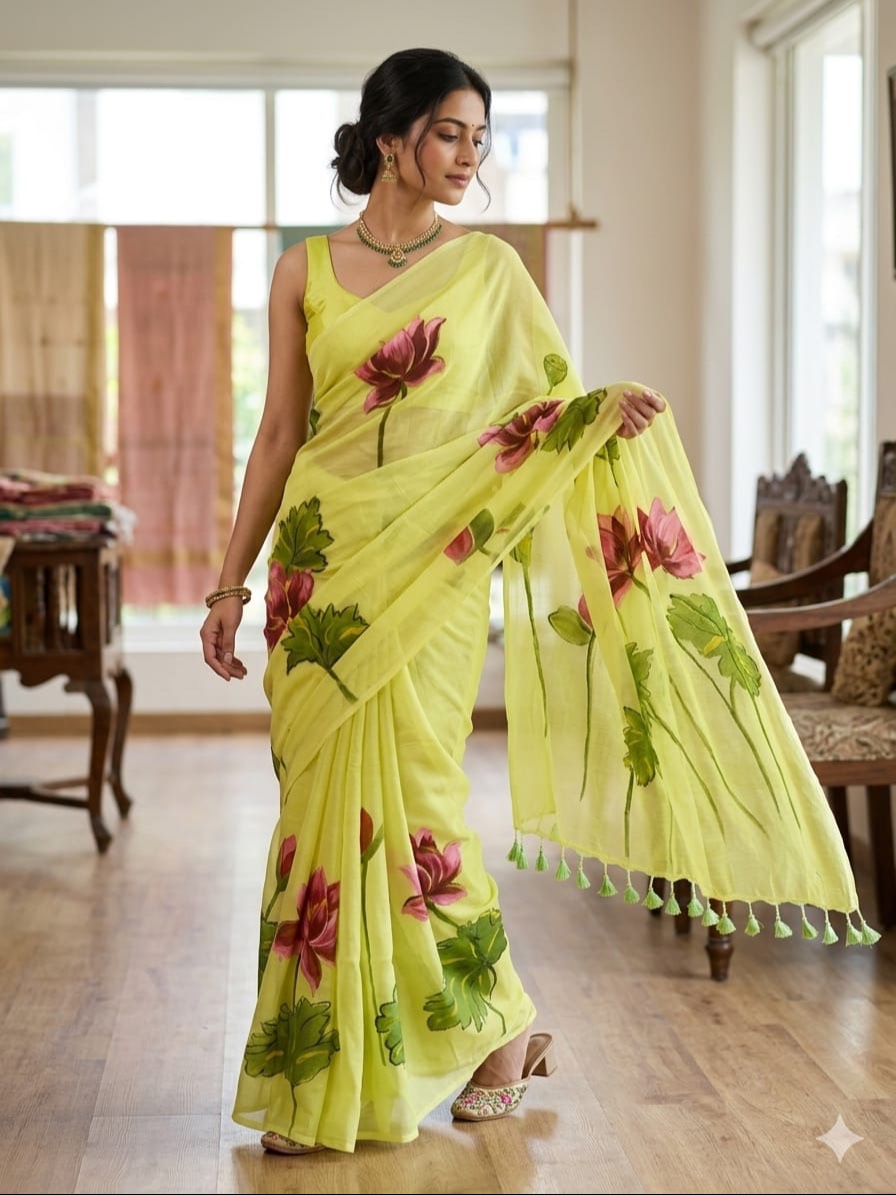 Saree Shop/Floral Print Light Yellow Saree in Delhi - Graceful Festive Attire - Image 3