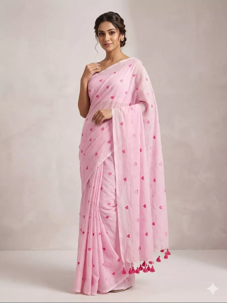 Cotton Saree Pink Heart Print in New Delhi - Elegant and Chic - Image 3