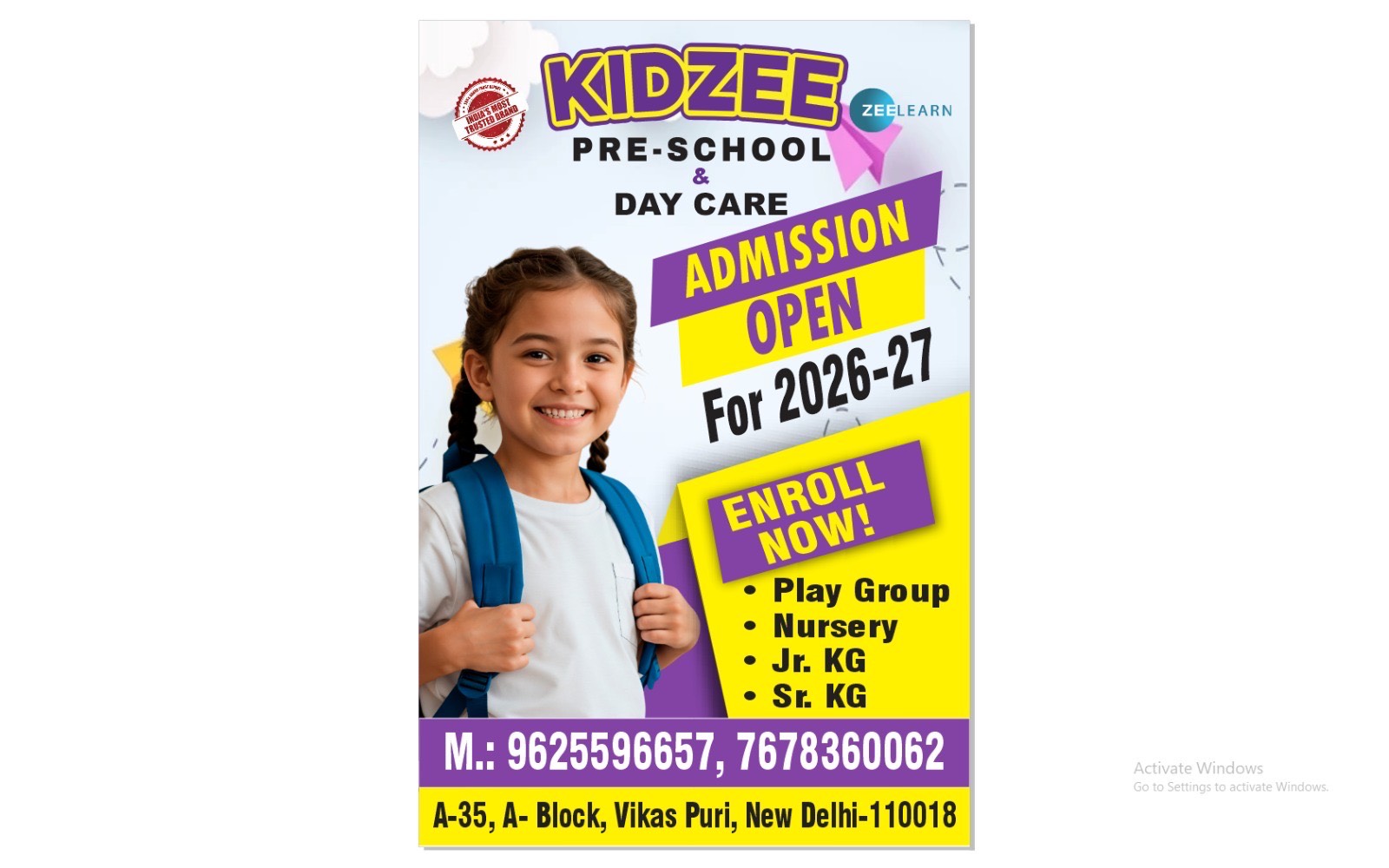  KIDZEE Pre-School & Day Care Enrollment in New Delhi - Comprehensive Early Learning KIDZEE PRESCHOOL AND DAY CARE A 35 Block A  Vikaspuri New  Delhi LANDMARK Near Metro Pillor No 625