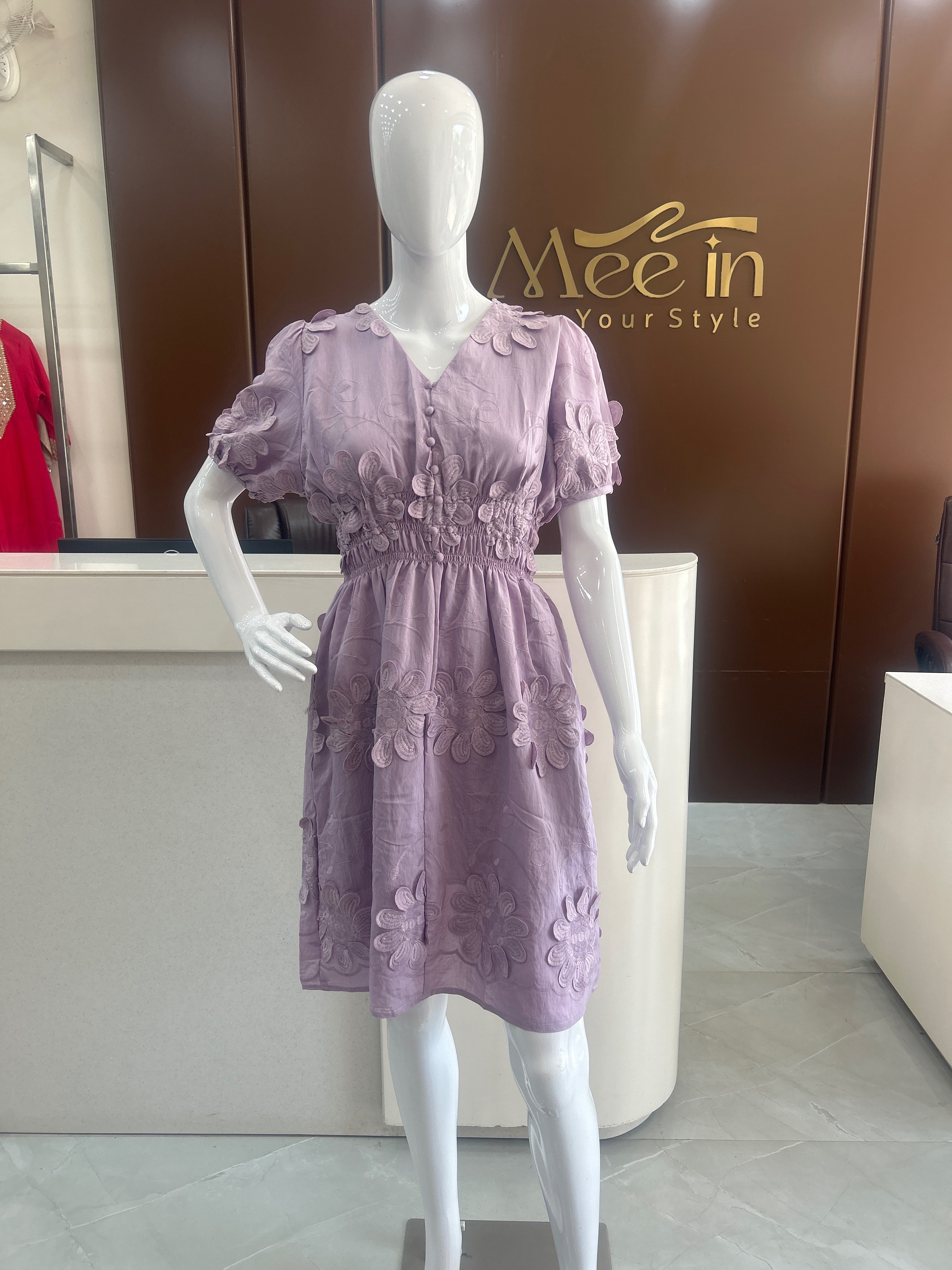 MEE IN - Women's Dresses: Lilac Embroidered Midi Dress in 155 Shrinathki Taliyain - Elegant Floral Design in JABALPUR