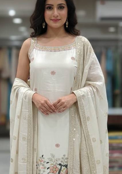 Milan Ladies Wear Elegant Ivory Embroidered Salwar Suit in Kasdol - Intricate Floral Embroidery -  - Buy Online at MILAN LADIES WEAR AND MATCHING