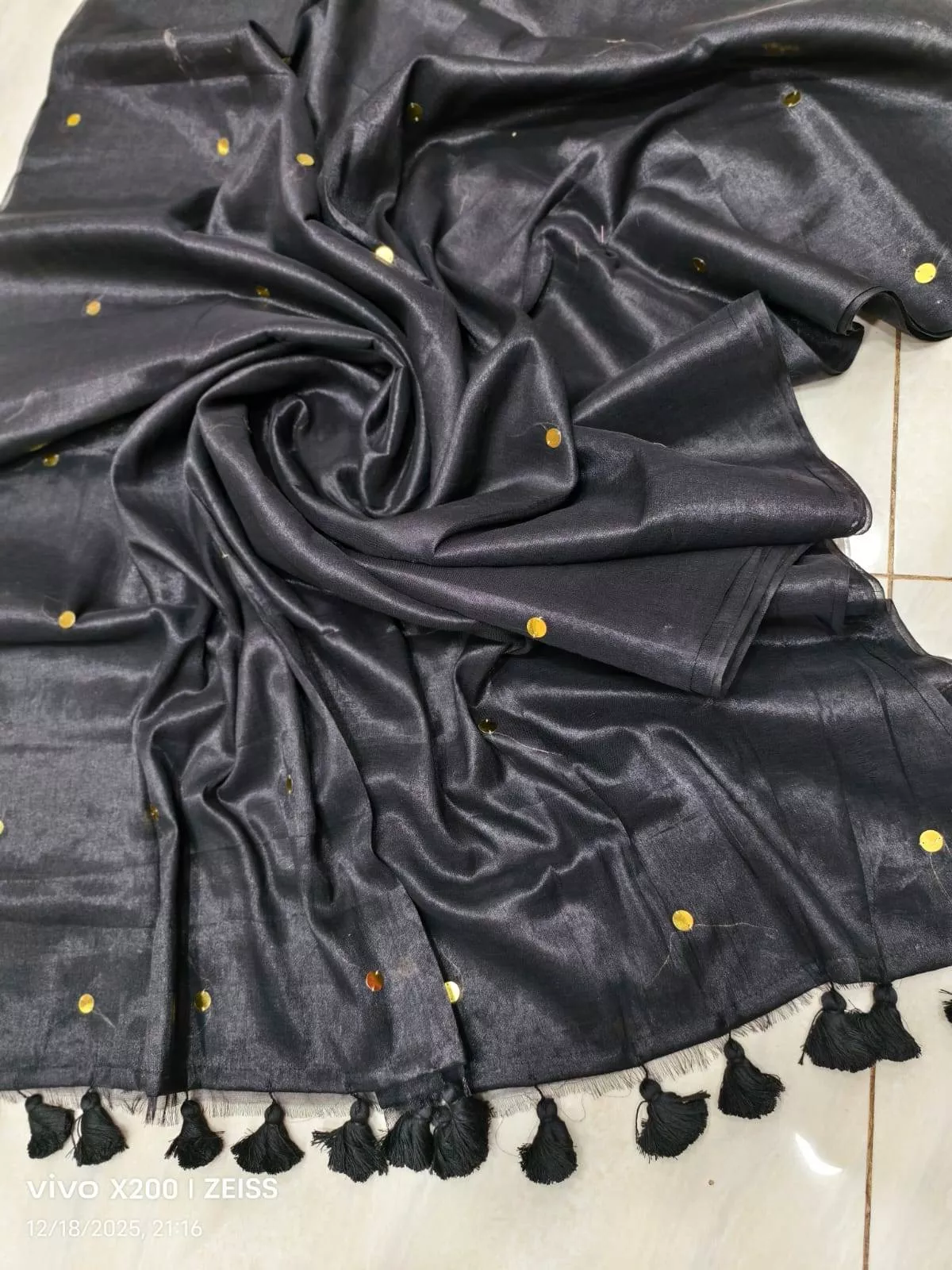 Silk Tassel Scarf in Maroli: Luxurious Black Silk Scarf with Gold Accents -  - Buy Online at KIVA COLLECTION