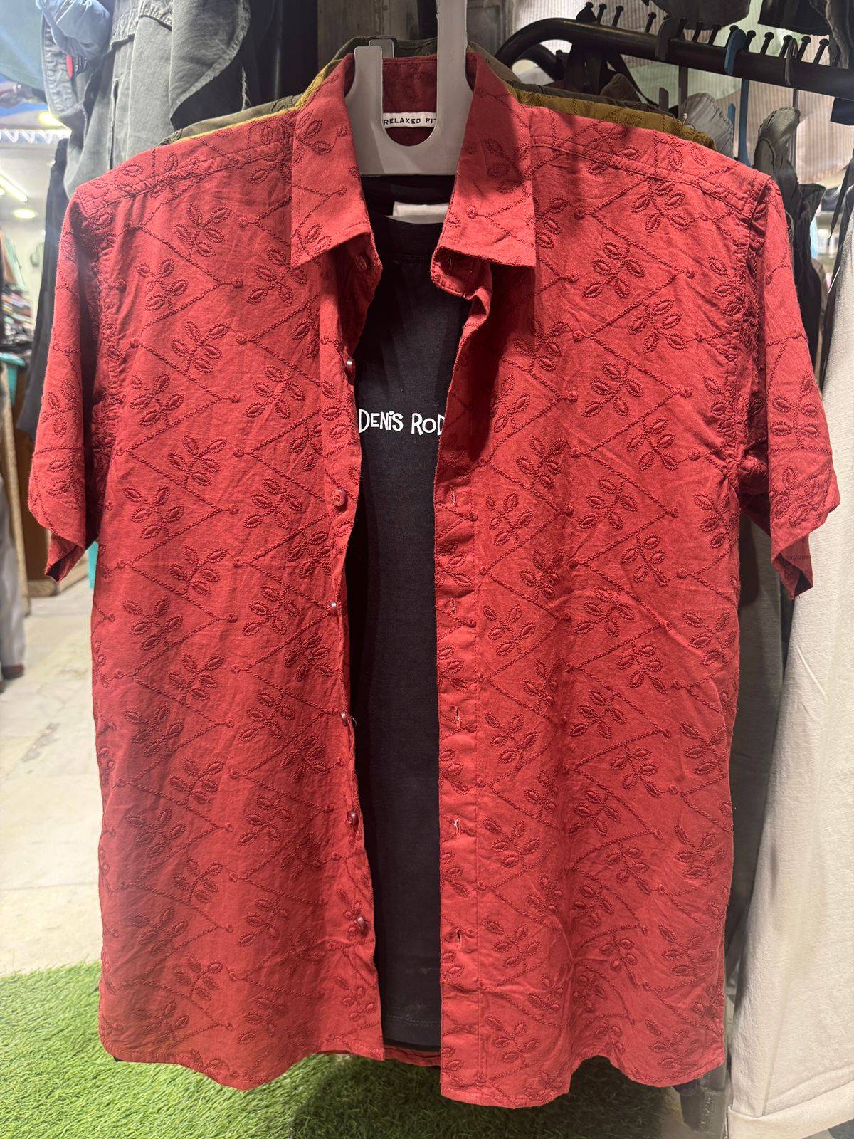 CHHAJTA COLLECTION - Embroidered Casual Shirt in Solan: Trendy Short Sleeve Red Shirt in SOLAN