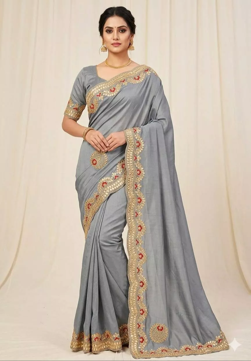 Embroidered Saree in Lucknow: Elegant Grey Saree with Gold & Red Embroidery VIHAS CREATION SHOP NO UGF 03 14  KAHLON EMPORIUM 1  RAEBARELI ROAD NEAR SGPGI NEAR SECTOR 16 VRINDAVAN YOJNA LANDMARK NEAR SGPGI VRINDAVAN YOJNA