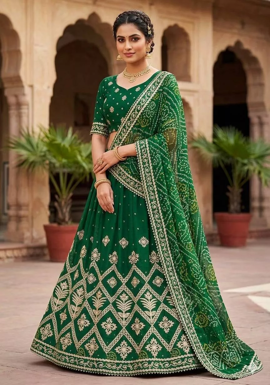  Lehenga Choli in Emerald Green Embroidered in Raebareli - Elegant Design VIHAS CREATION SHOP NO UGF 03 14  KAHLON EMPORIUM 1  RAEBARELI ROAD NEAR SGPGI NEAR SECTOR 16 VRINDAVAN YOJNA LANDMARK NEAR SGPGI VRINDAVAN YOJNA