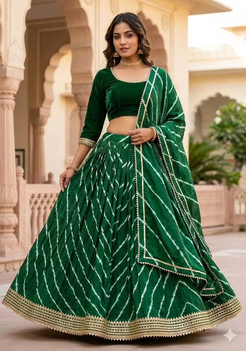  Silk Lehenga Choli in Lucknow: Elegant Green Bandhani Design VIHAS CREATION SHOP NO UGF 03 14  KAHLON EMPORIUM 1  RAEBARELI ROAD NEAR SGPGI NEAR SECTOR 16 VRINDAVAN YOJNA LANDMARK NEAR SGPGI VRINDAVAN YOJNA