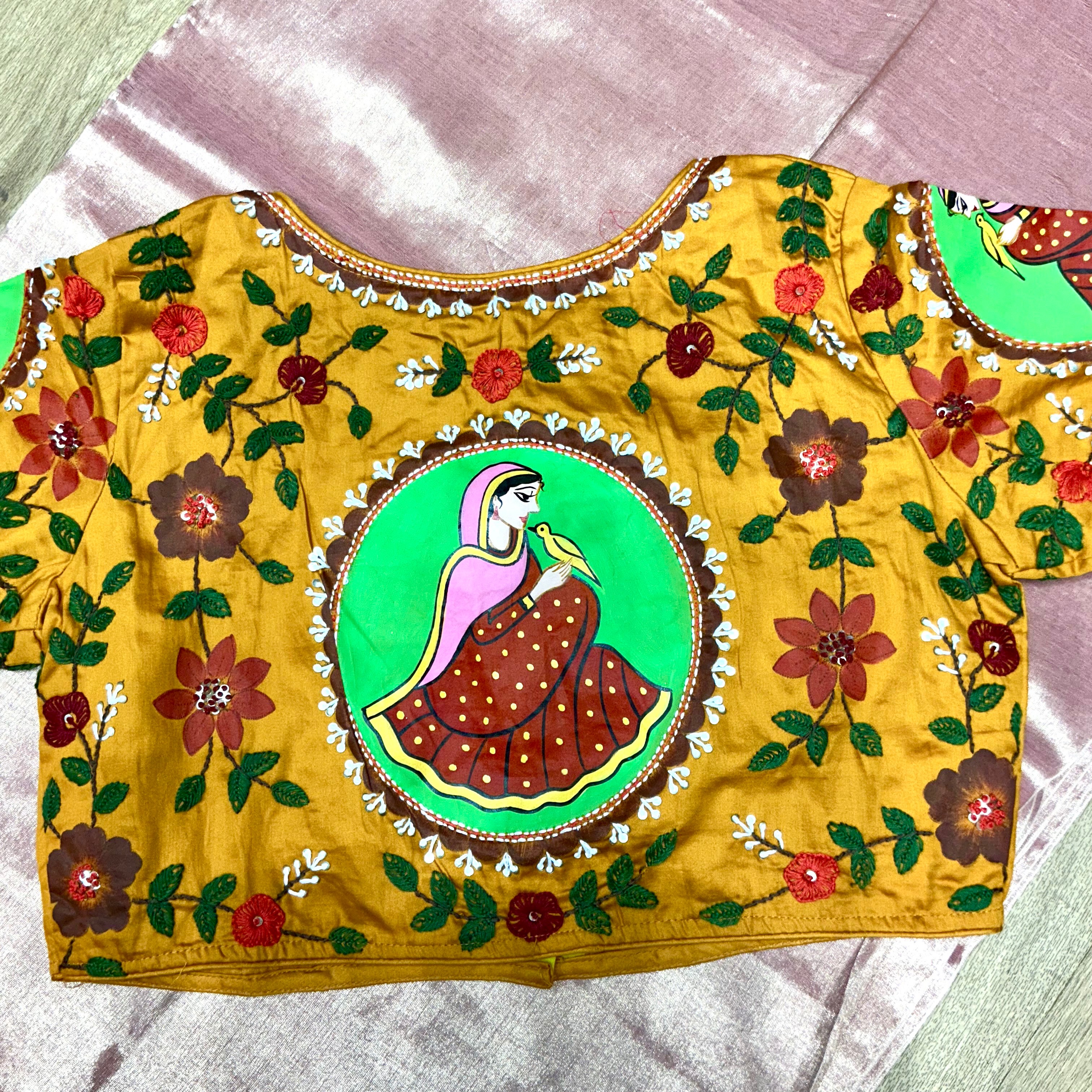 Traditional Hand Painted and Hand Embroidered Blouse in New Delhi - Vibrant Satin Cotton - Image 1
