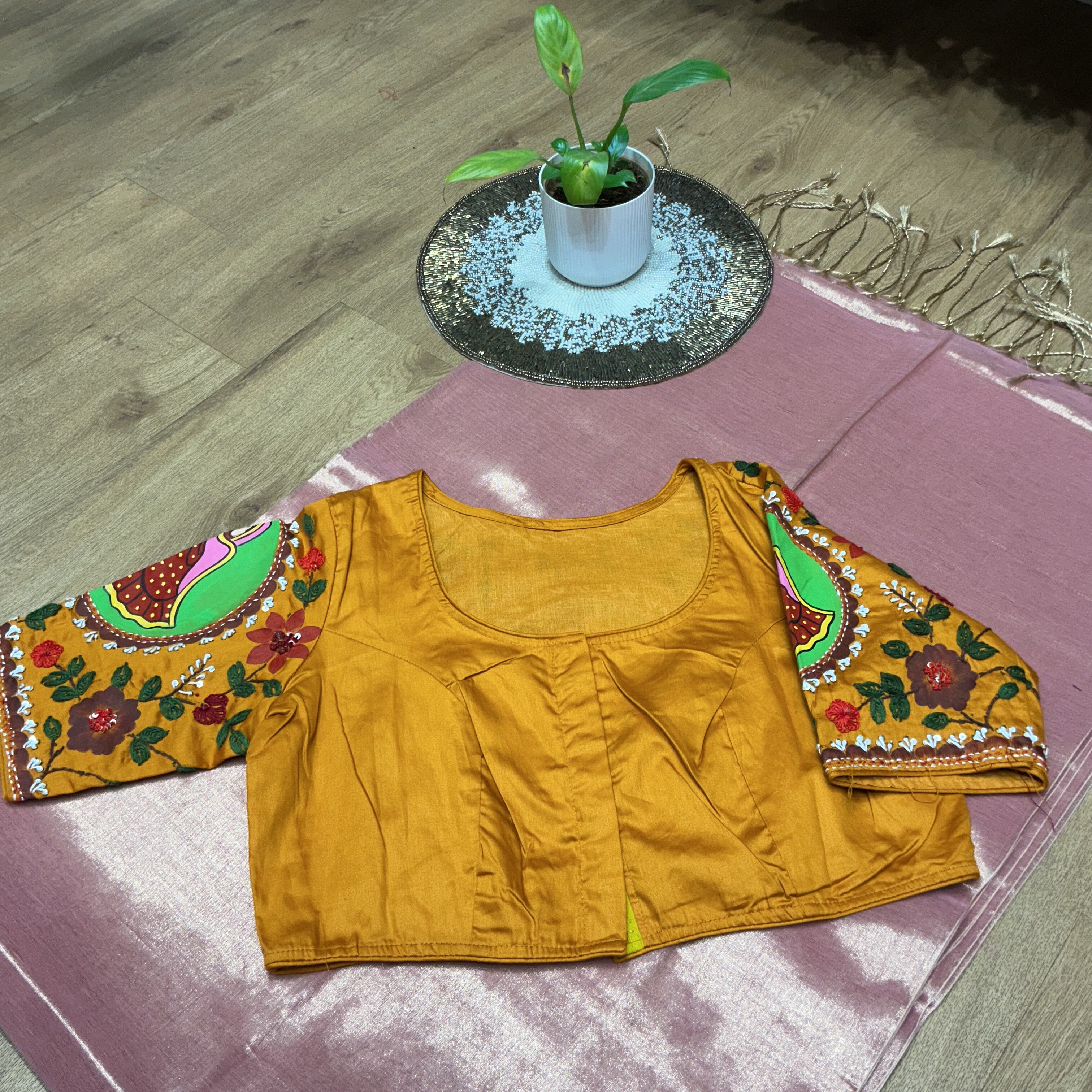 Traditional Hand Painted and Hand Embroidered Blouse in New Delhi - Vibrant Satin Cotton - Image 2