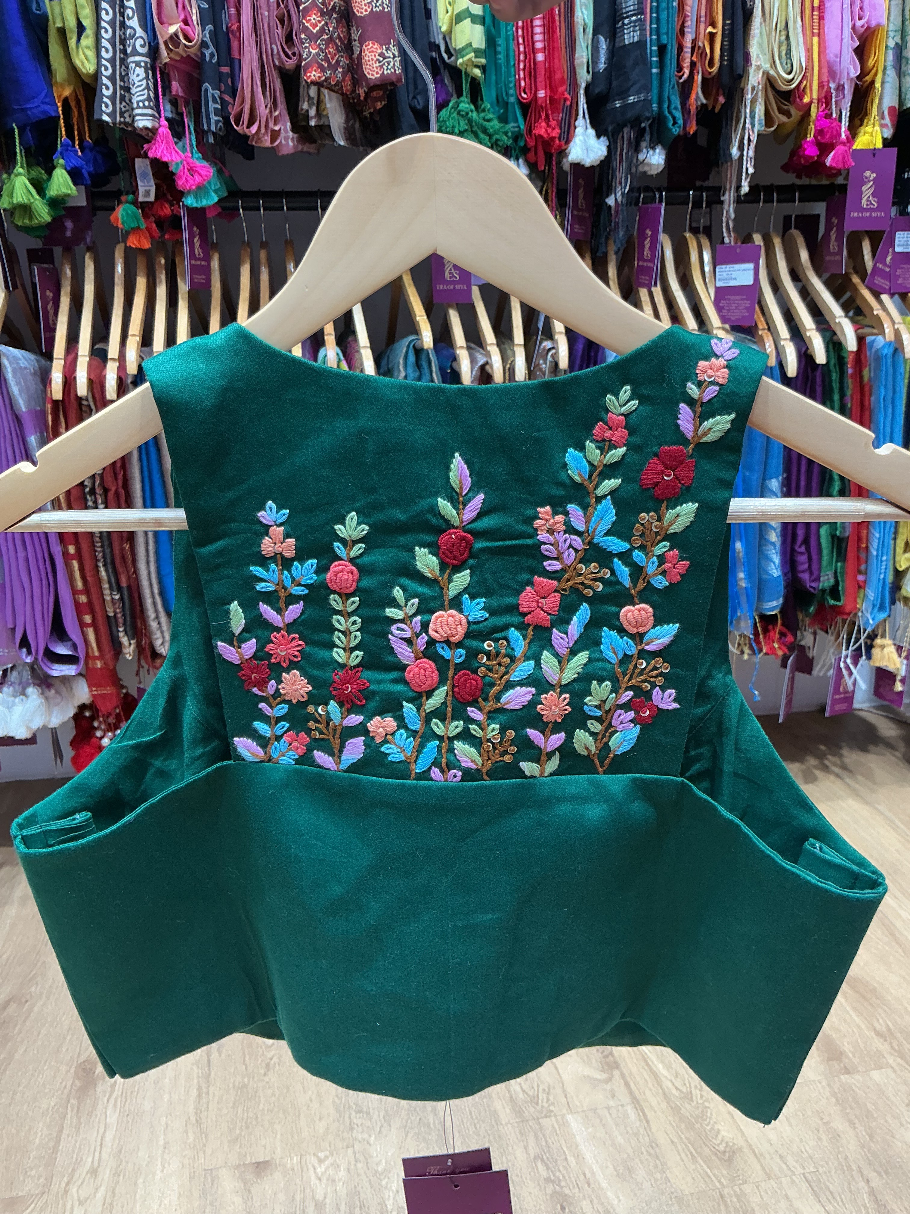 ERA OF SIYA - Embroidered Blouse in New Delhi: Floral Handwork Green Cotton Satin Padded in DWARAKA
