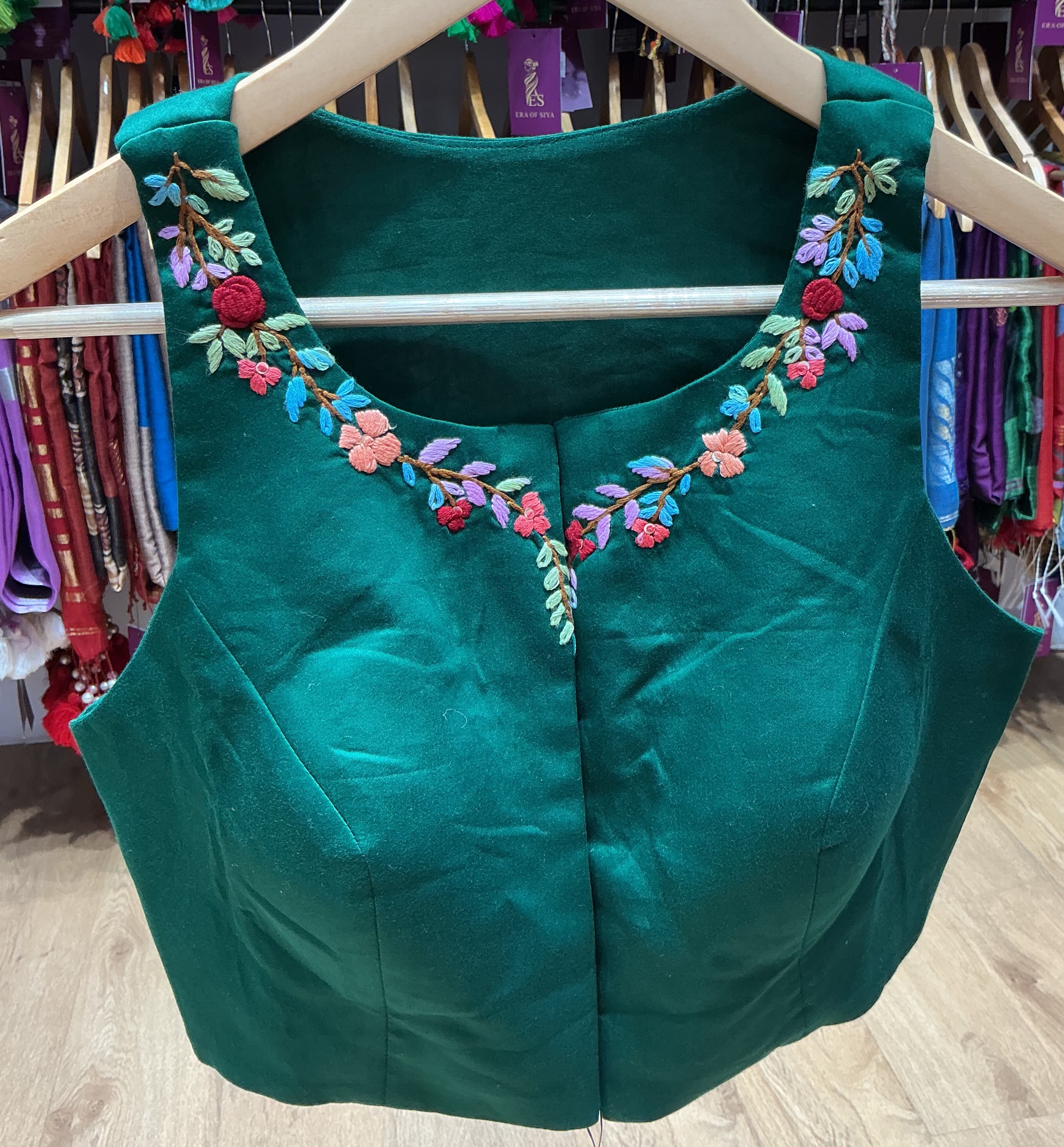 Embroidered Blouse in New Delhi: Floral Handwork Green Cotton Satin Padded - Image 1