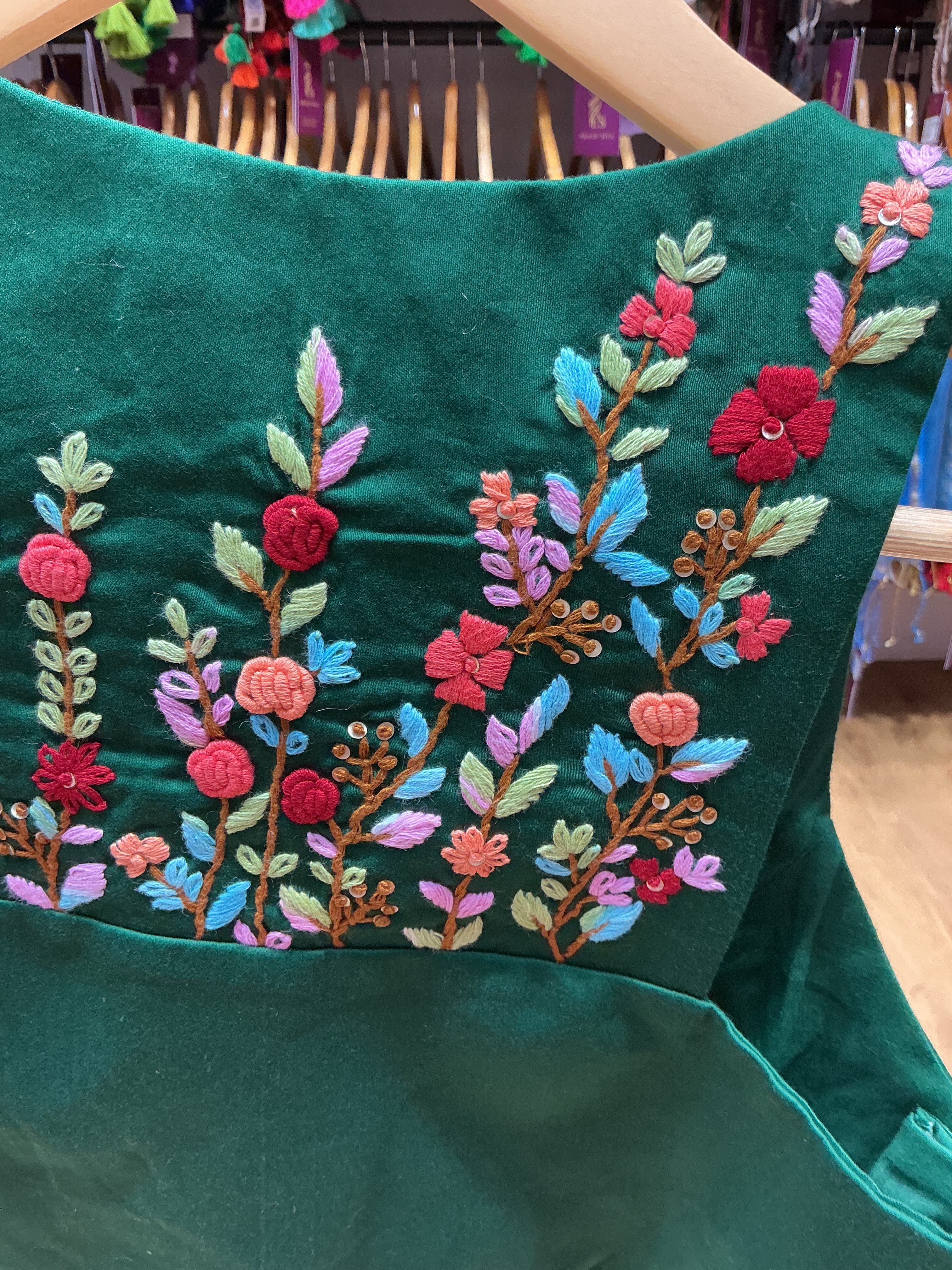 Embroidered Blouse in New Delhi: Floral Handwork Green Cotton Satin Padded - Image 2