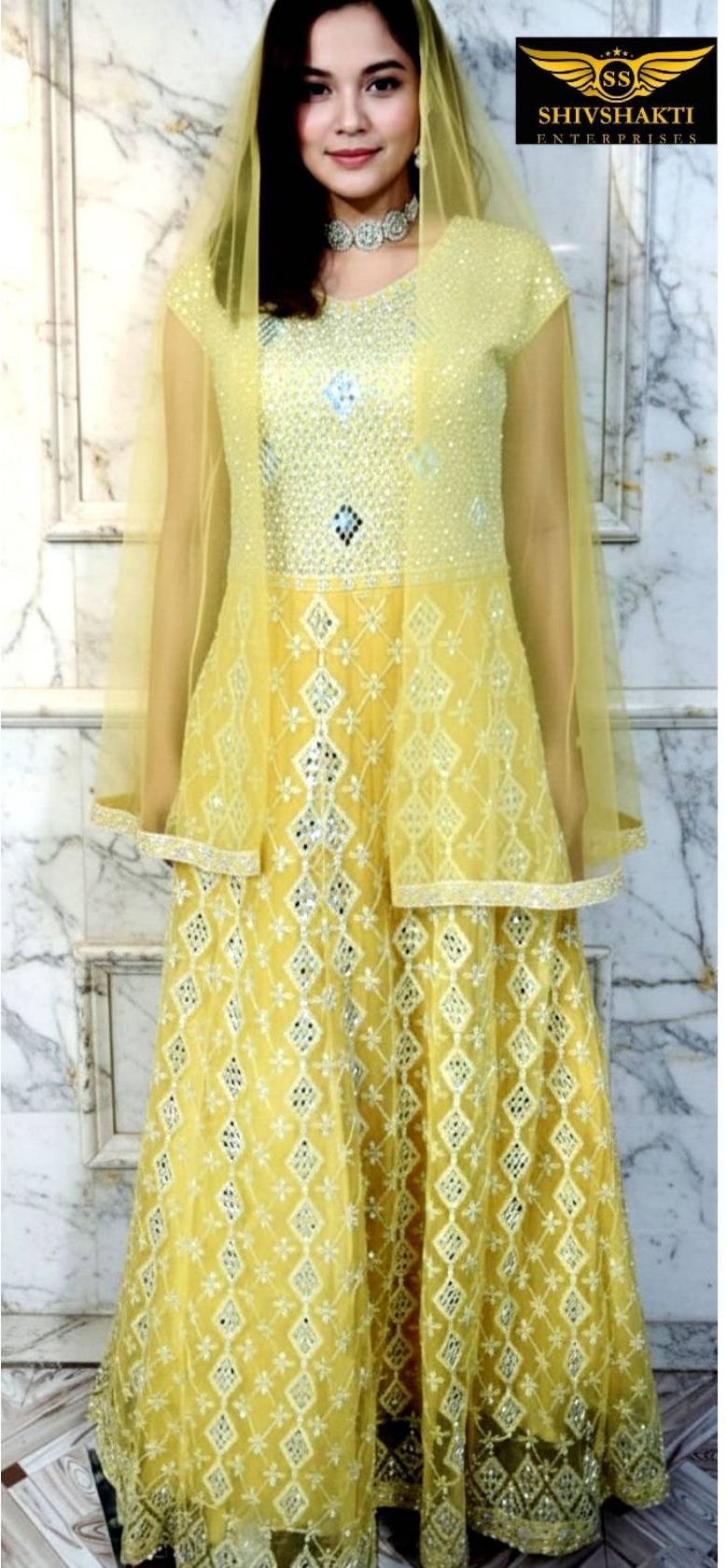 Anarkali Gown in Faridabad: Elegant Yellow Anarkali Gown with Mesh Dupatta -  - Buy Online at SHIV SHAKTI ENTERPRISES