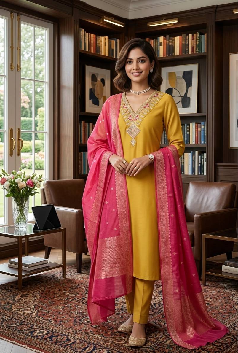 SHIV SHAKTI ENTERPRISES - Embroidered Kurta Set in Faridabad: Mustard with Pink Dupatta in FARIDABAD