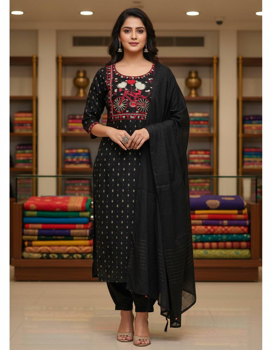 Milan Ladies Wear Straight Kurti with Pent n Dupatta in Kasdol - Elegant Embroidery Work -  - Buy Online at MILAN LADIES WEAR AND MATCHING