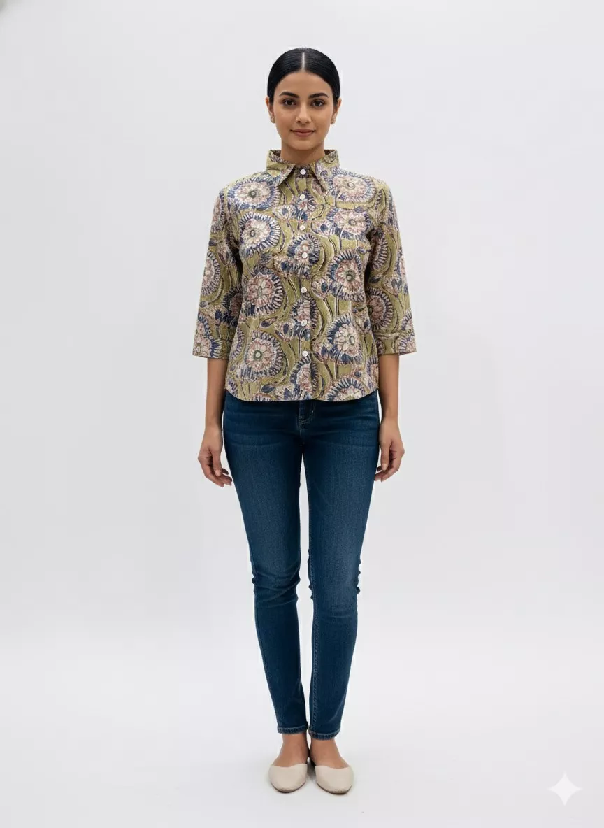 CLICK KART - Floral Printed Mandarin Collar Cotton Shirt Top | Women Clothing Store in Jaipur in JAIPUR