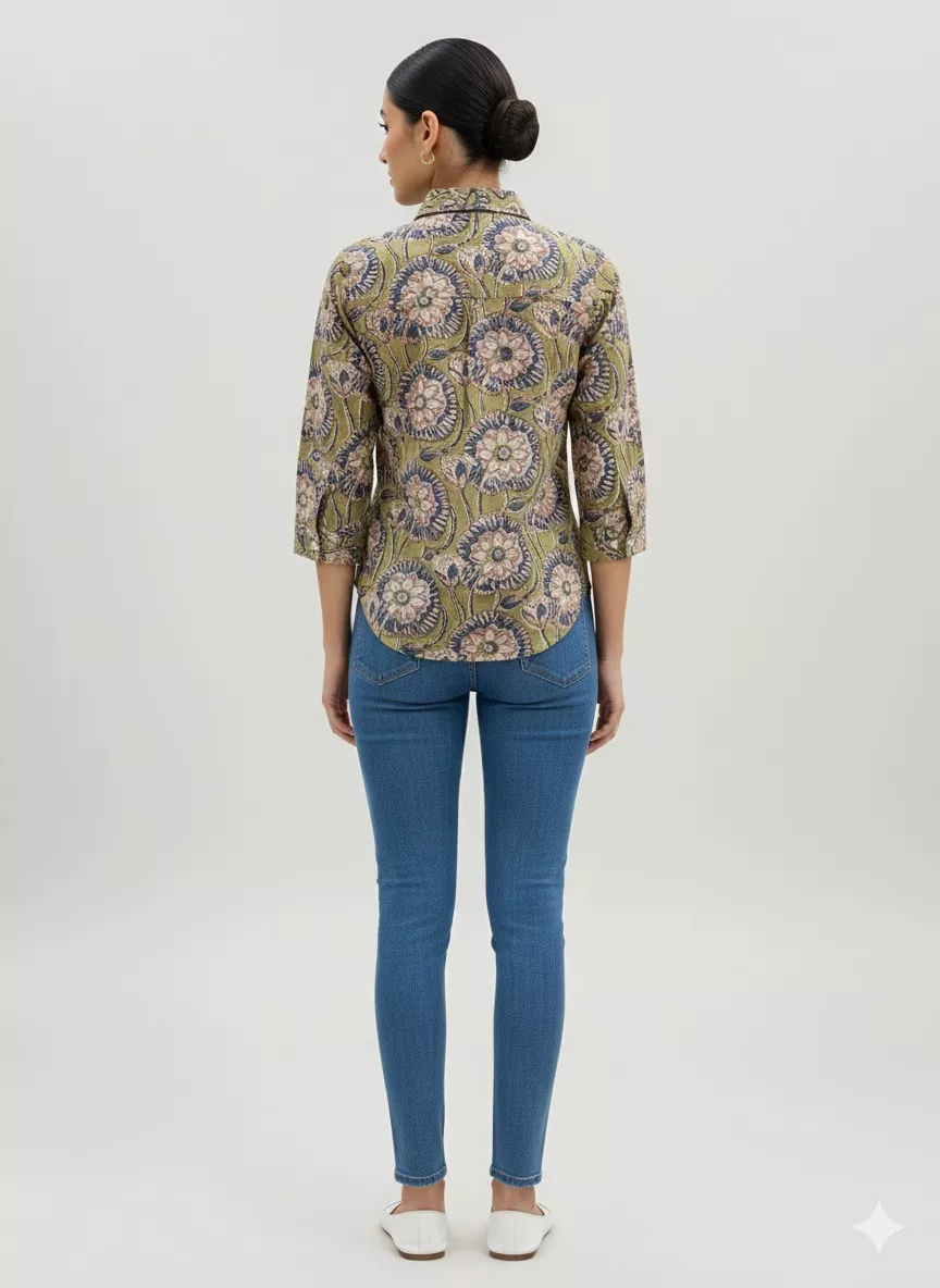Floral Printed Mandarin Collar Cotton Shirt Top | Women Clothing Store in Jaipur - Image 1