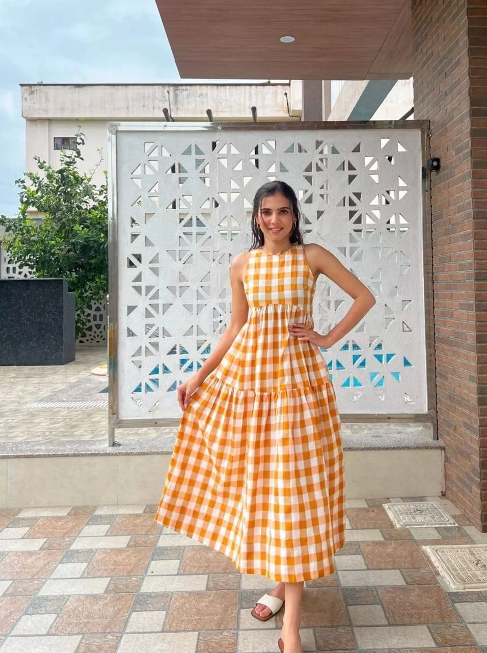 CLICK KART - Sleeveless Checkered Tiered Dress| Dress Store in Jagatpura Jaipur in JAIPUR