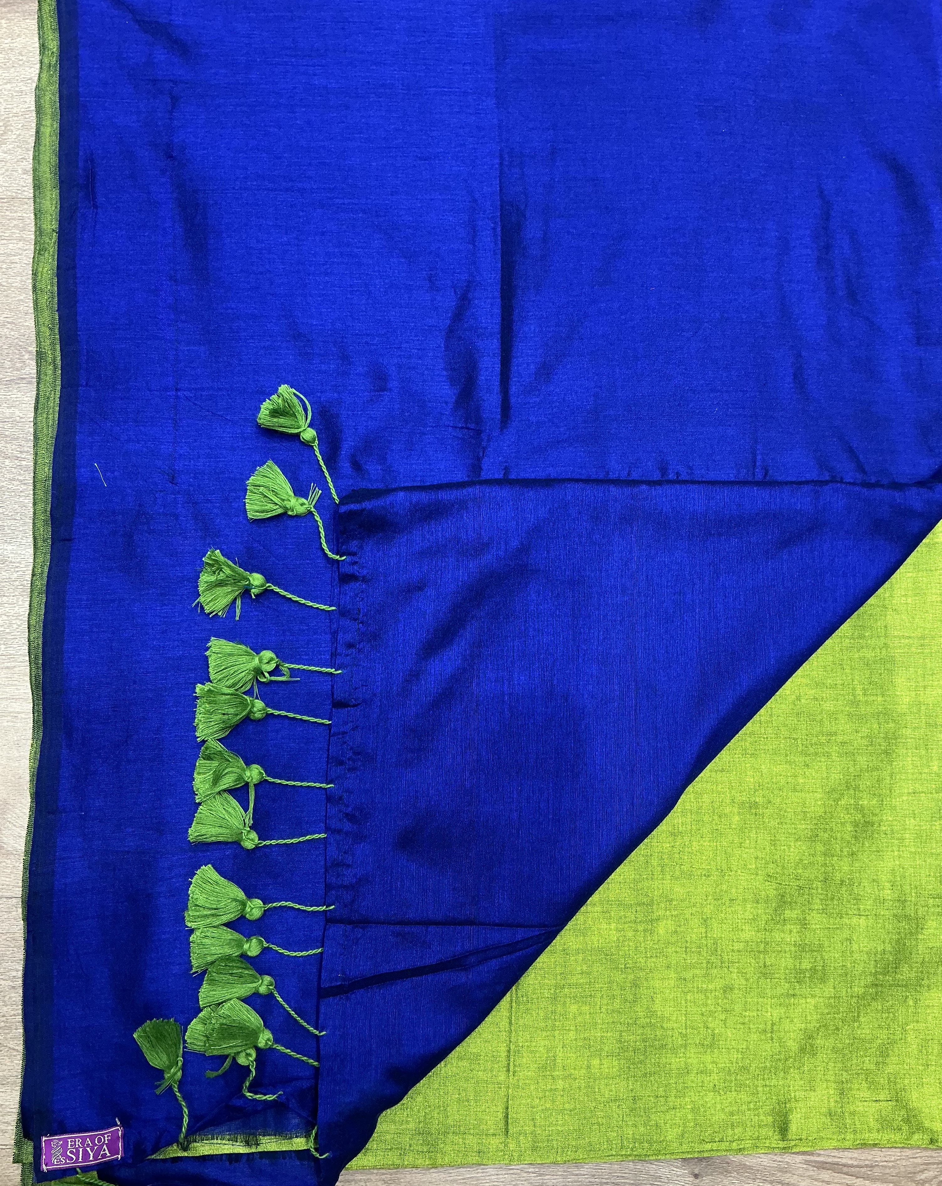 Pure acrylic Saree in Delhi: Dual-Toned Blue and Green Saree with Tassel Detailing - Image 1