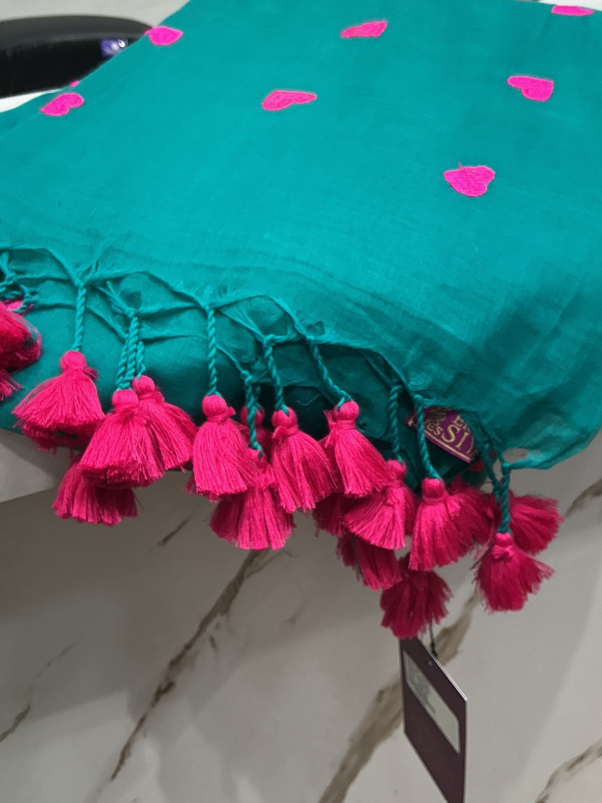  Mul cotton saree with heart embroidery in Teal with Pink Tassels in New Delhi - Stylish Look ERA OF SIYA SHOP NO G 1 KRISHNA PLAZA II PLOT NO 3 SECTOR 12 DWARKA NEW DELHI SOUTH WEST DELHI DELHI LANDMARK SANDOZ