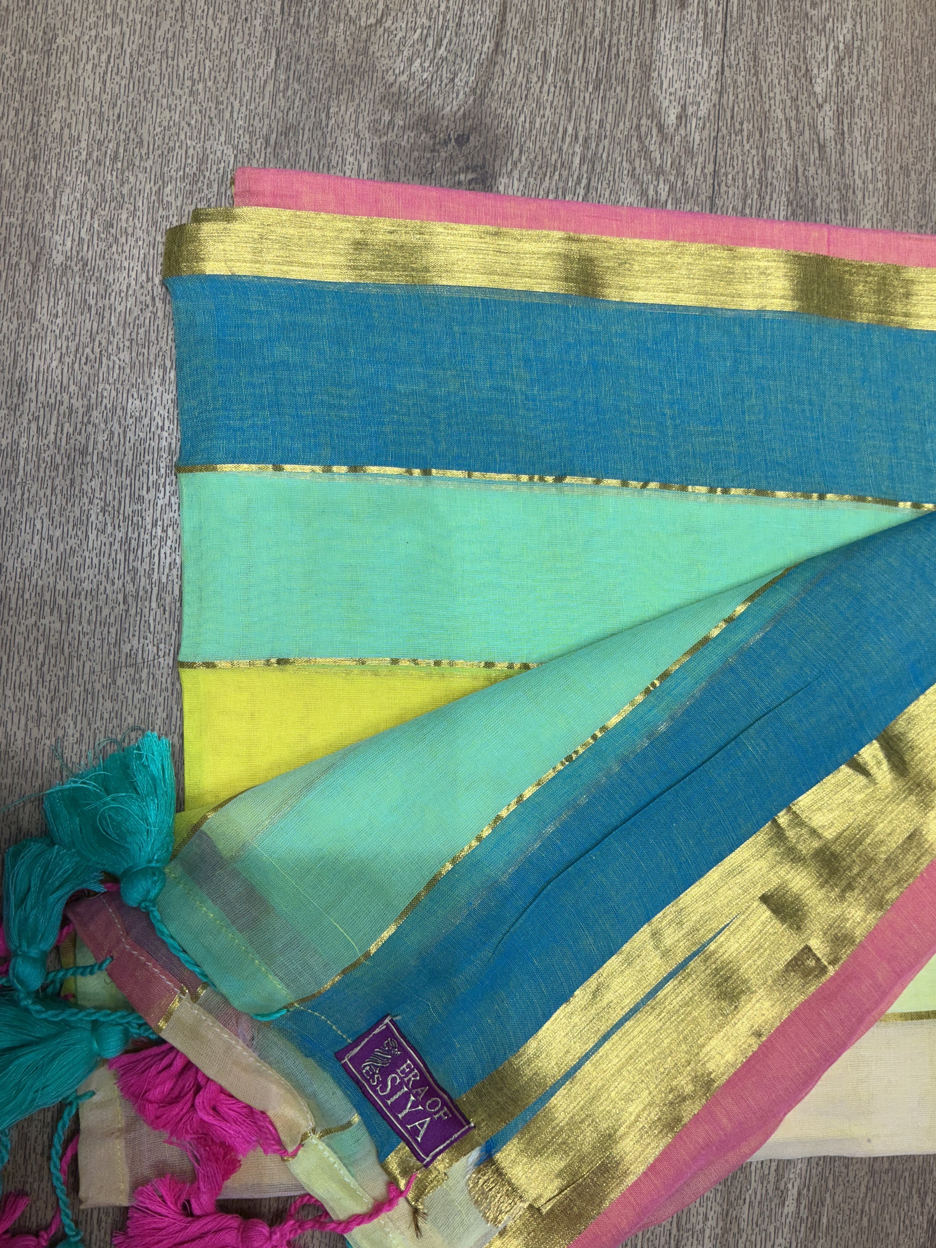 Mul Cotton Saree Multicolor Striped in New Delhi with Tassels - Image 1