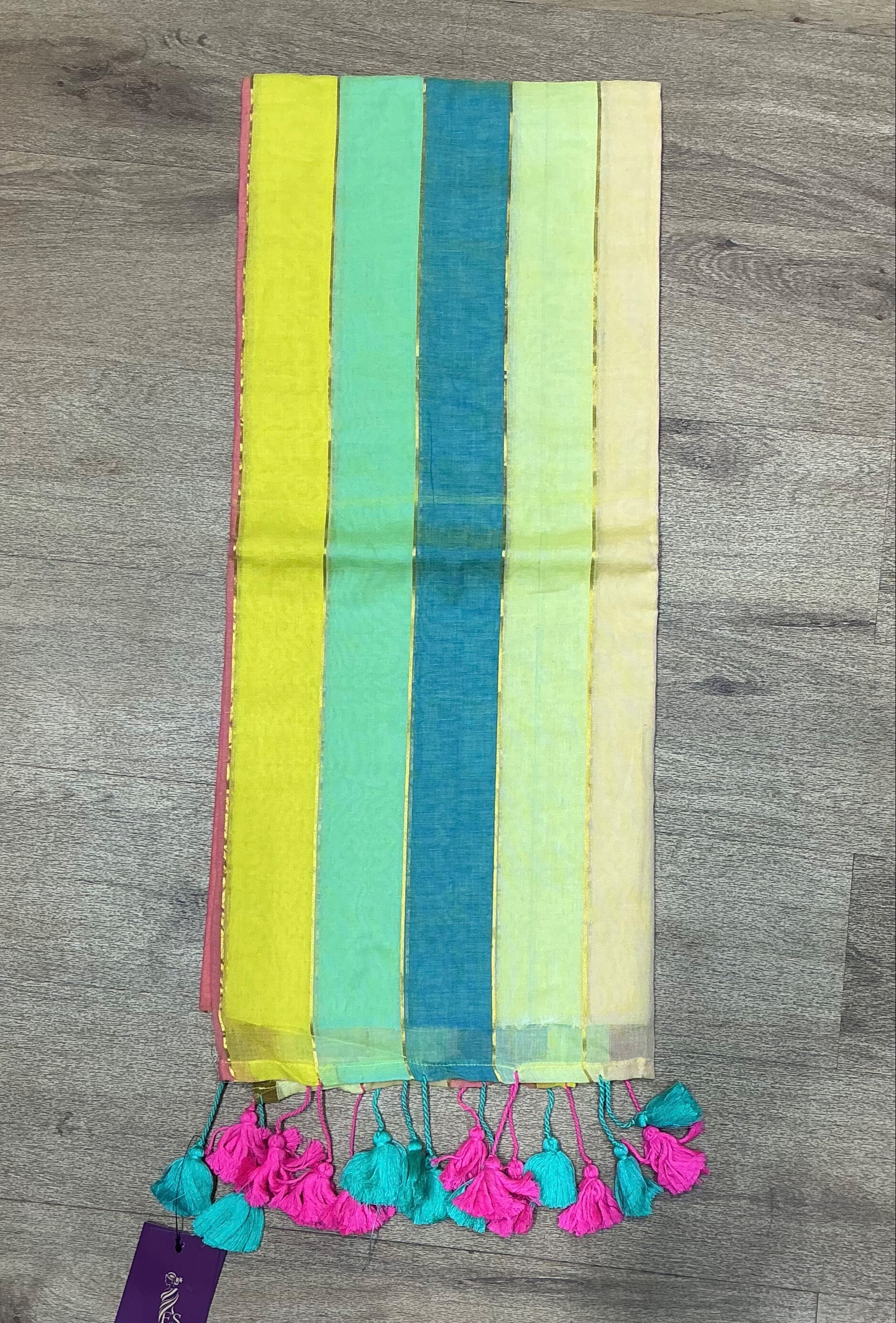 Mul Cotton Saree Multicolor Striped in New Delhi with Tassels - Image 2