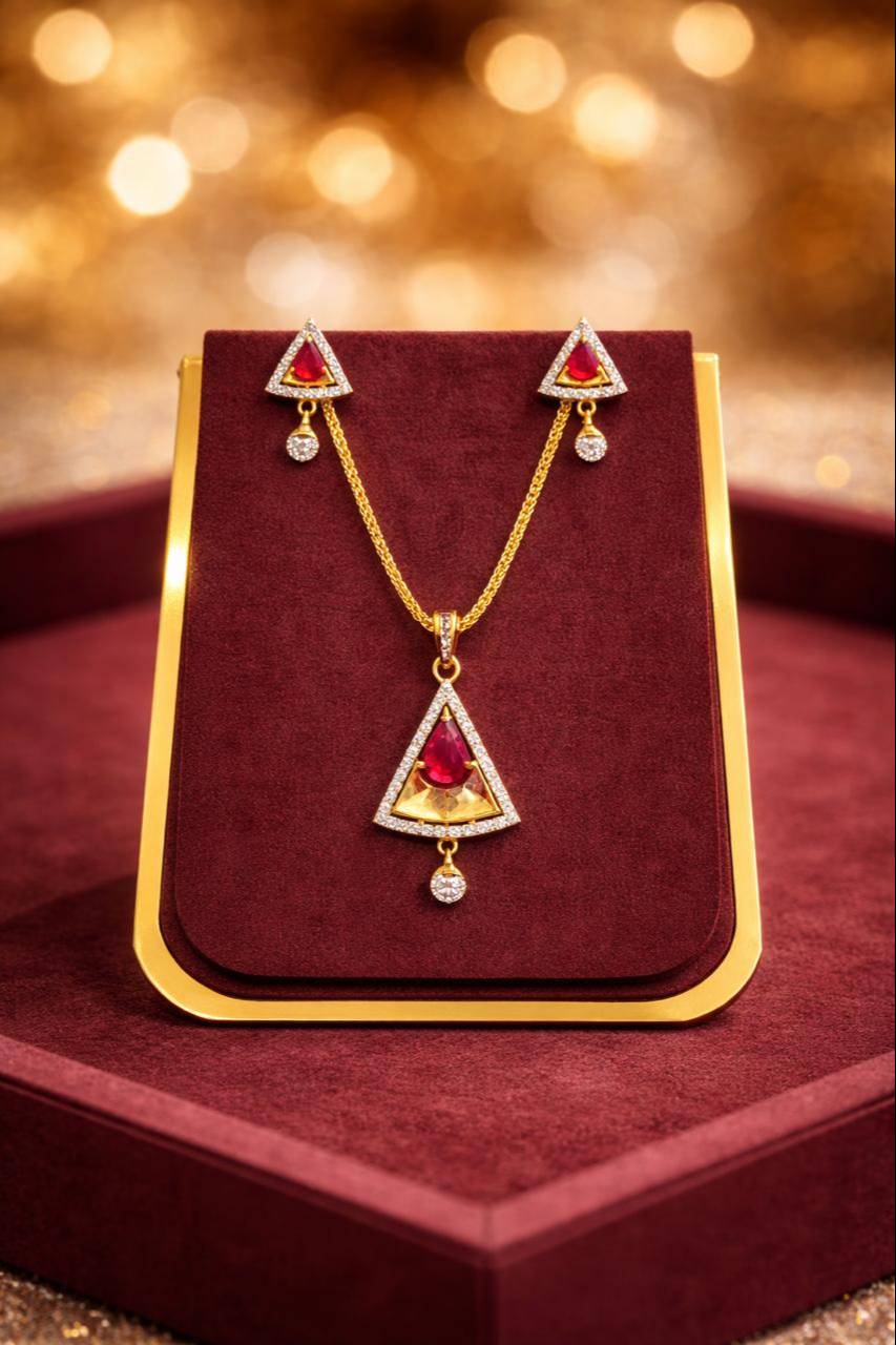 Elegant Gold Triangular Ruby Pendant Set