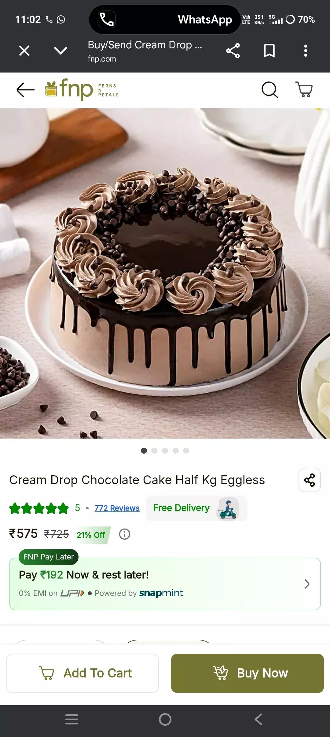 Eggless Chocolate Cake in Sivasagar with Creamy Drops and Chocolate Chips -  - Buy Online at KANHA