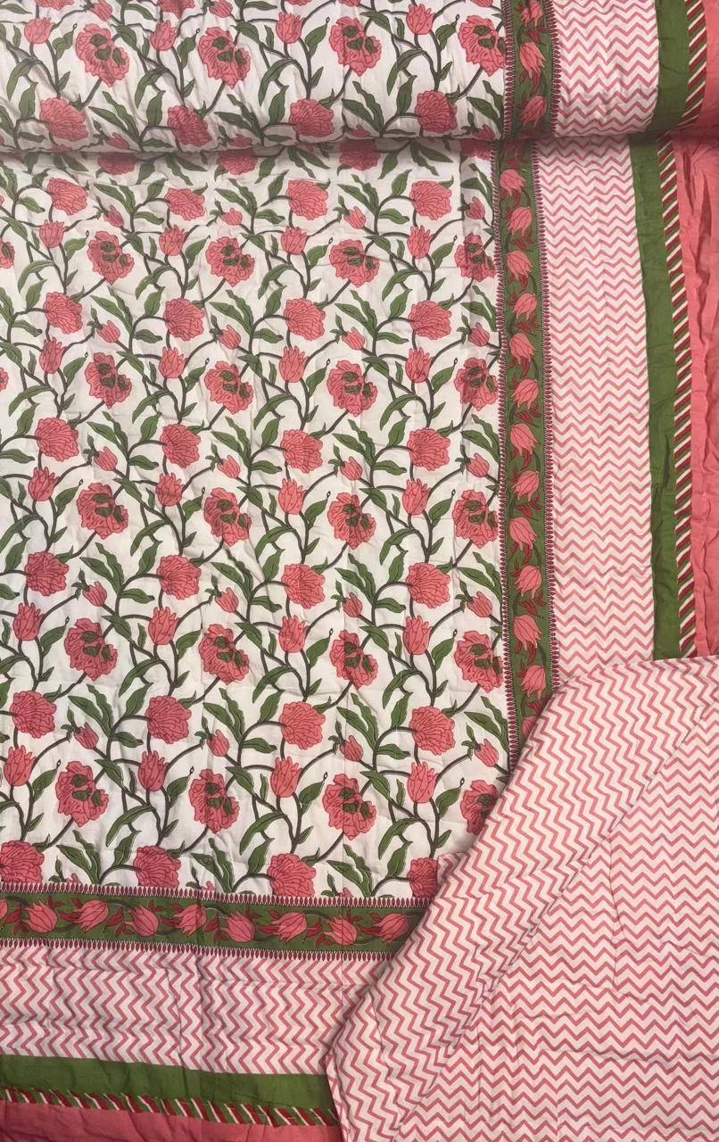 Reversible, Double-Bed quilt with block print floral patterns for enhanced aesthetics. -  - Buy Online at MULBERRY QUILTS