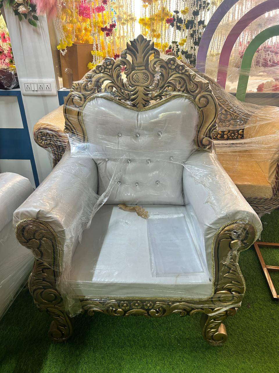 Luxury Upholstered Armchair in Khata Kheri with Ornate Wood Carvings -  - Buy Online at AMJAD HANDICRAFT