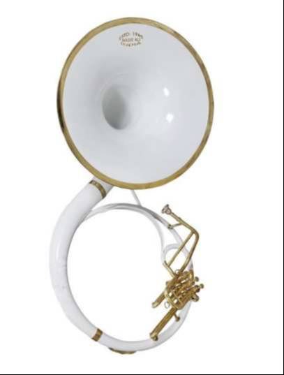 Brass Sousaphone with shiny finish and large bell, showcasing its unique design and musical features, available at MELODY MAK - Image 3