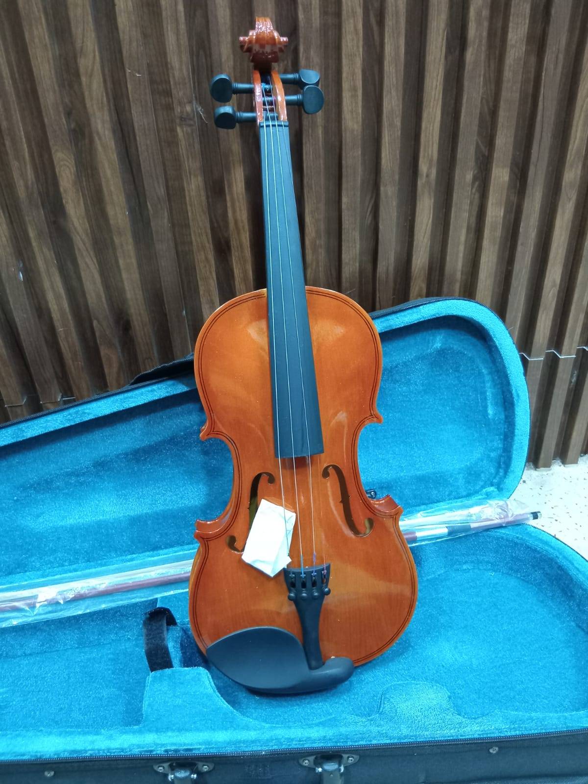 Premium Violin Instrument displayed on a soft surface, showcasing its elegant design and rich wood finish in Meerut. - Image 1