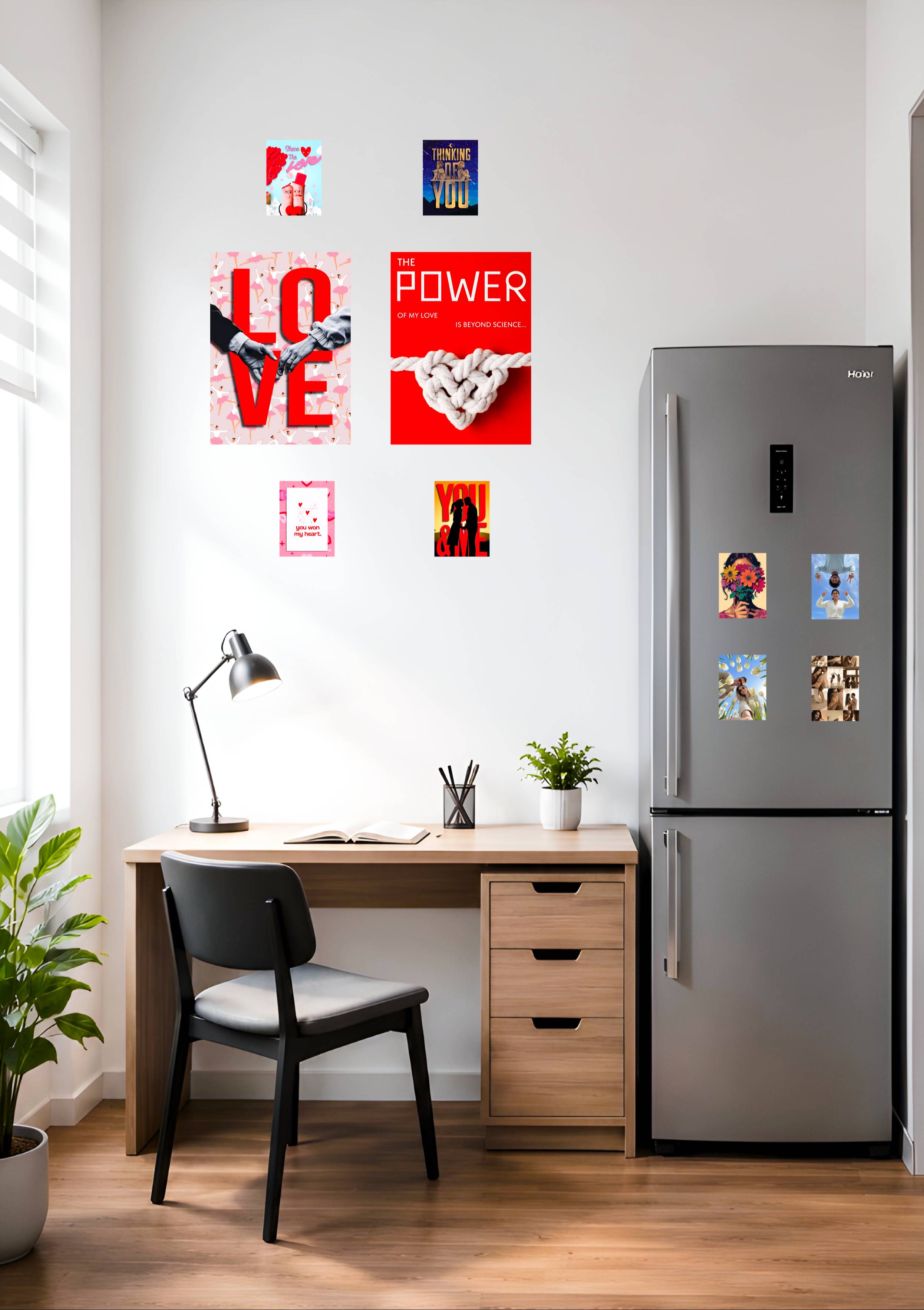 Custom Couple Memory Pack featuring two A4 posters, four A6 love quotes, and four acrylic magnets displayed against a stylish