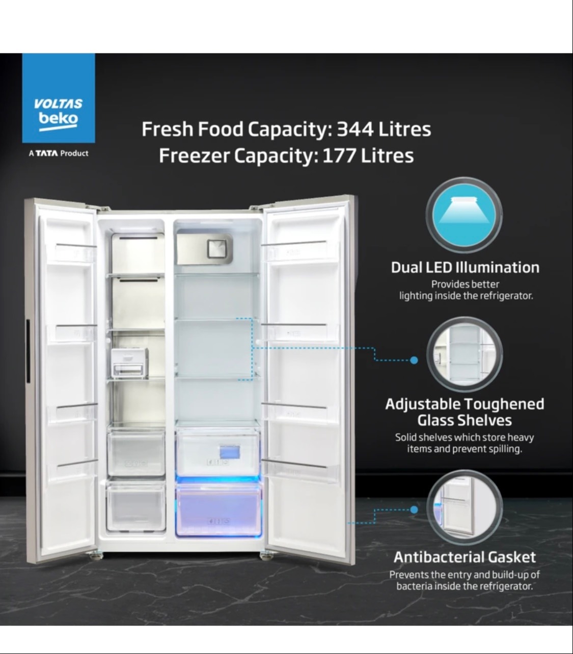 Voltas Beko Refrigerator in Udaipur: 563L Side by Side Frost Free - Image 4