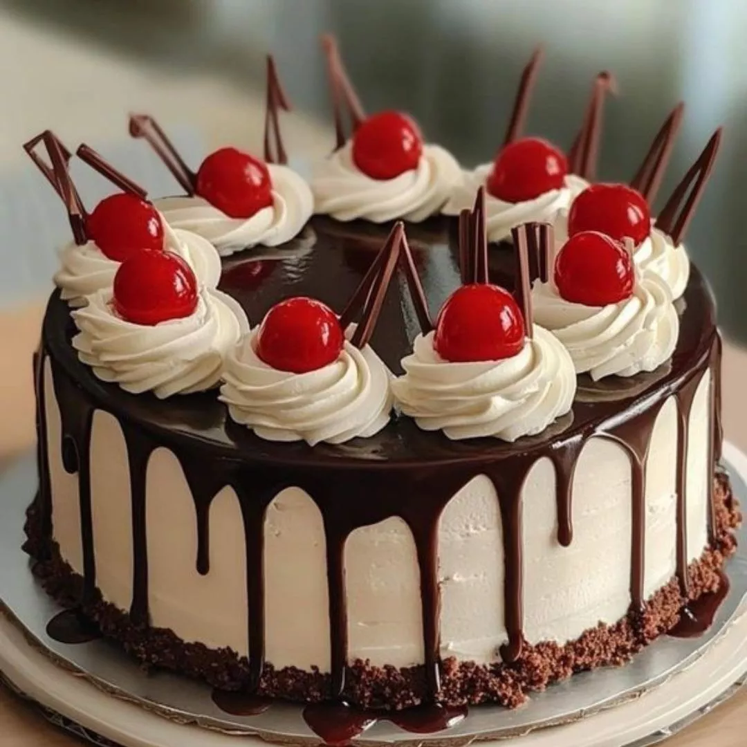 Decadent Dessert/Black Forest Drip Cake with rich chocolate layers, creamy frosting, and cherries, from DAILY FRESH SUPER MAR