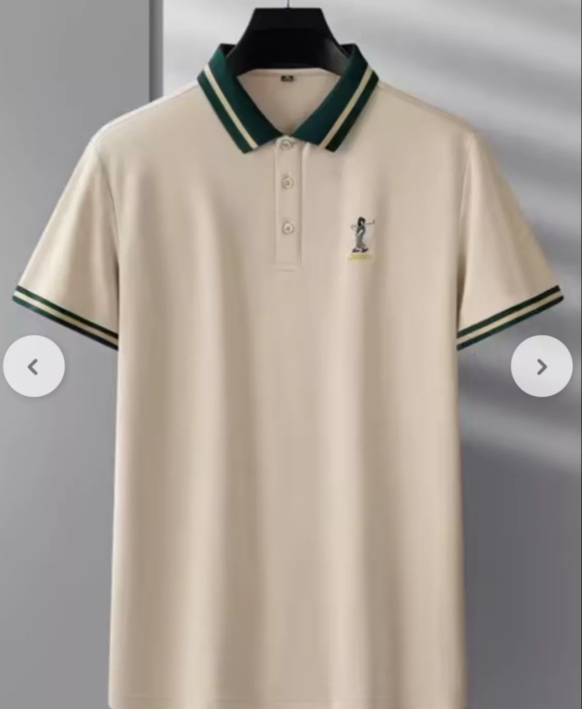 Classic beige polo t-shirt with green collar and sleeve stripes, ideal for casual wear — Polo T-Shirt in Phagwara