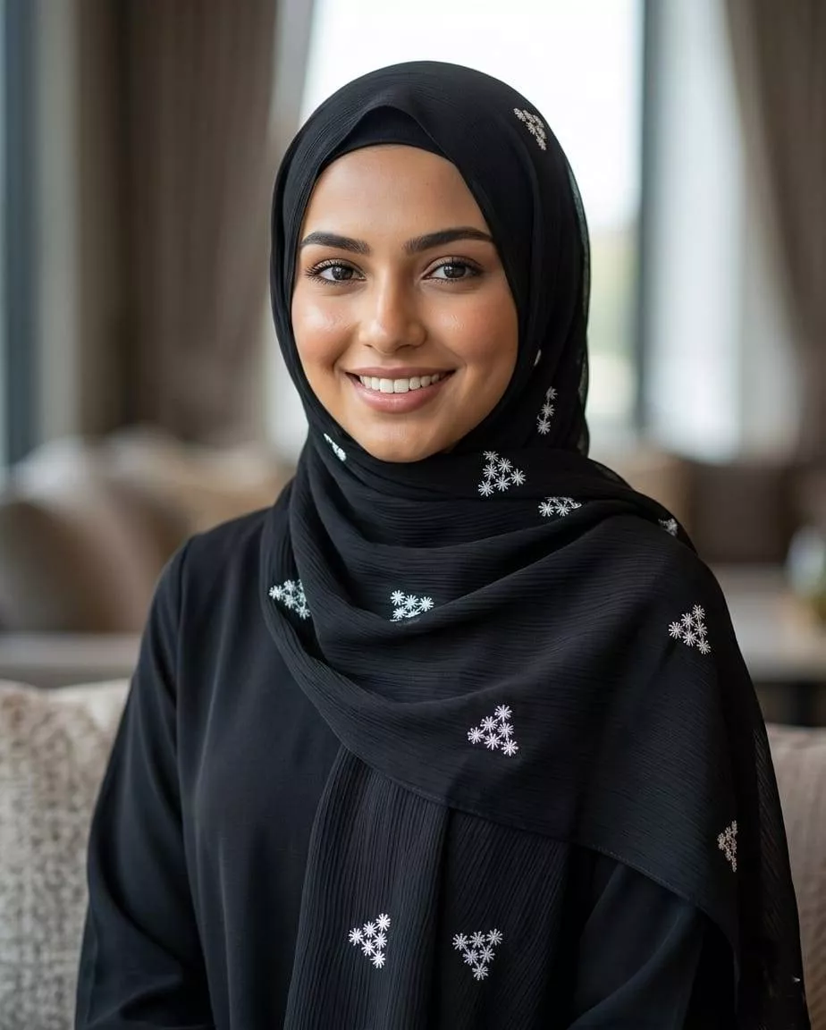 Black embroidered hijab featuring intricate designs, showcasing elegance and versatility, available at Noor Enterprises in So