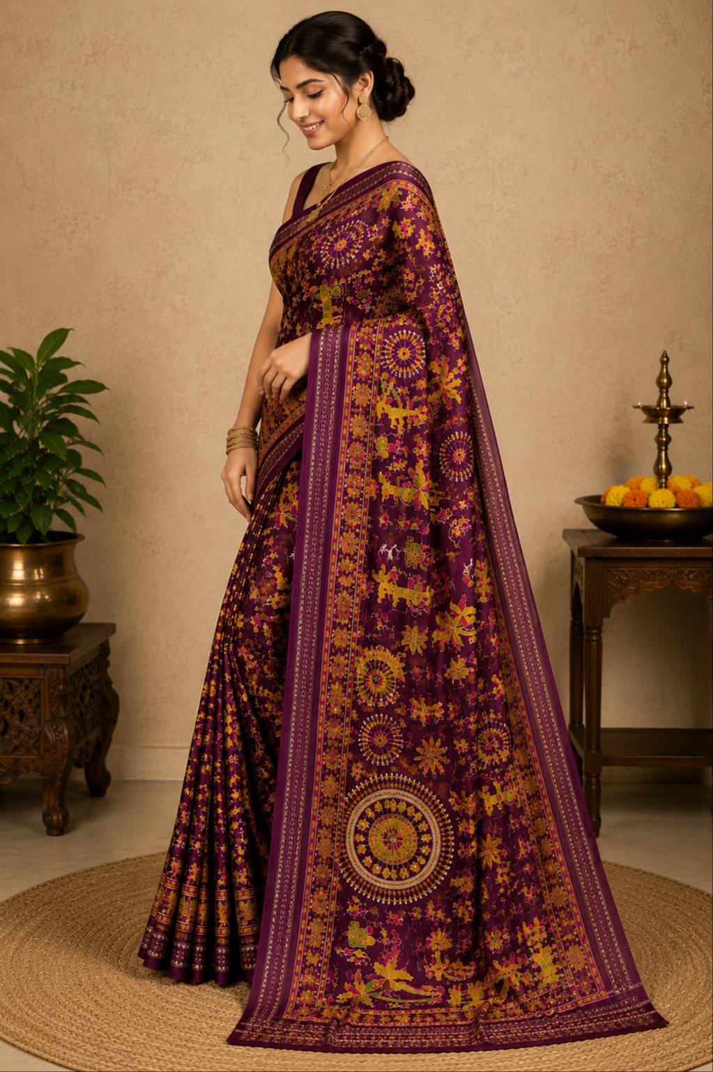 Elegant Kalamkari silk saree in rich maroon with gold and yellow motifs, perfect for traditional occasions in Gorakhpurmp.