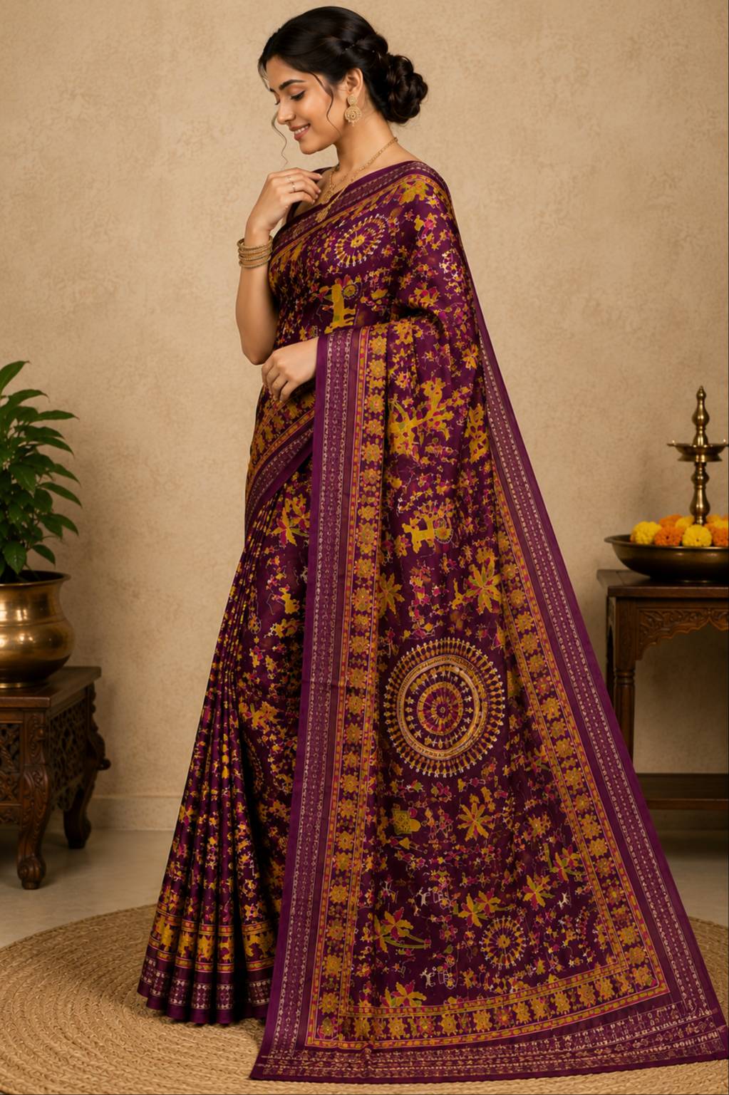 Elegant Kalamkari silk saree in rich maroon with gold and yellow motifs, perfect for traditional occasions in Gorakhpurmp. - Image 1