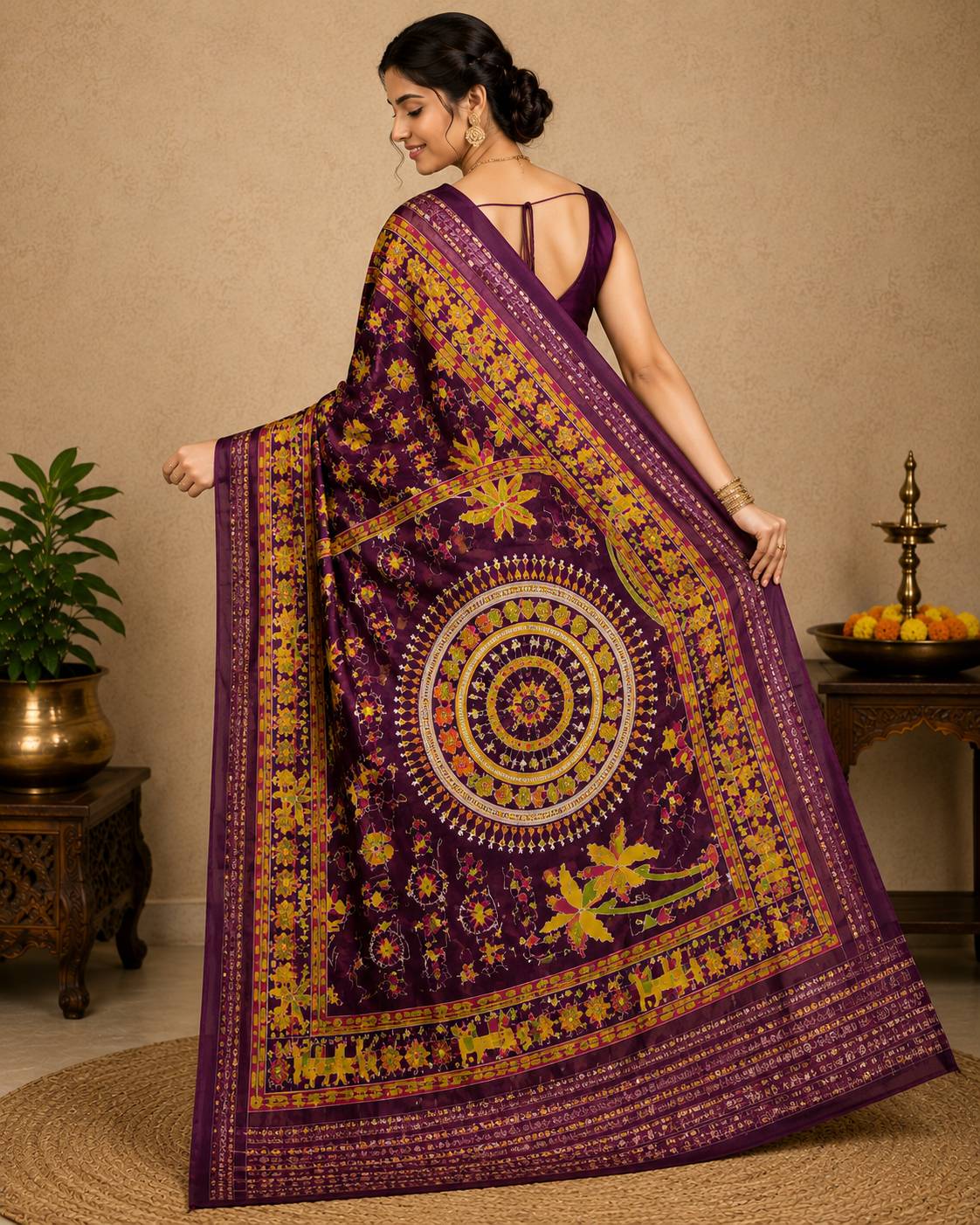 Elegant Kalamkari silk saree in rich maroon with gold and yellow motifs, perfect for traditional occasions in Gorakhpurmp. - Image 2