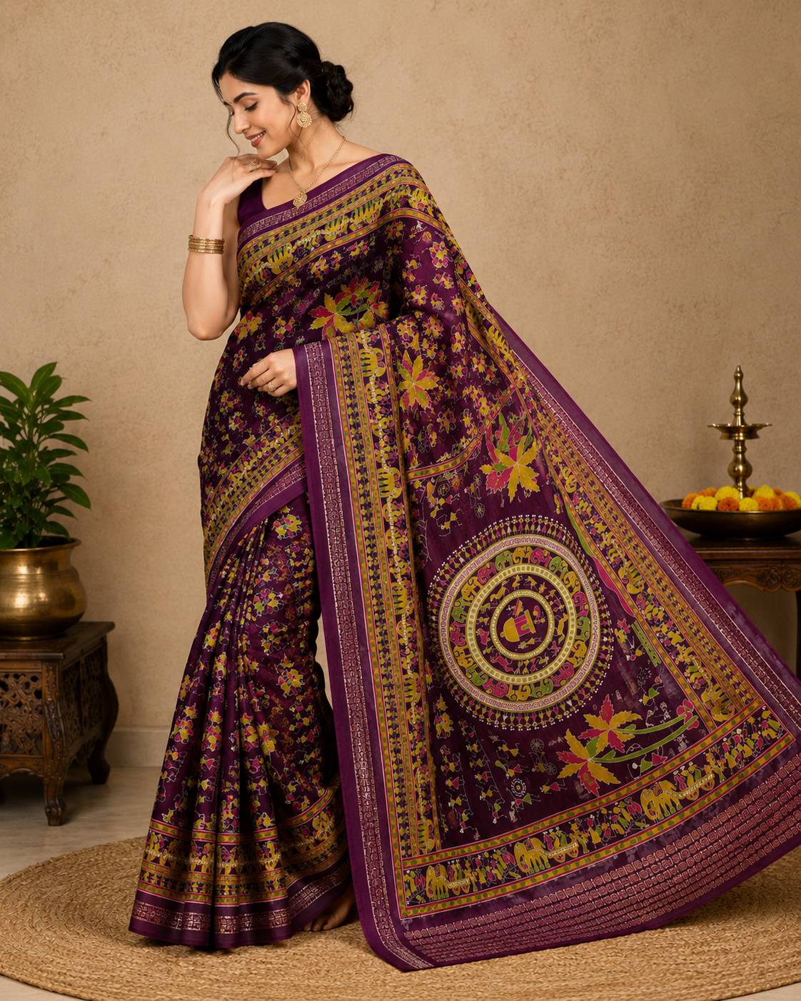 Elegant Kalamkari silk saree in rich maroon with gold and yellow motifs, perfect for traditional occasions in Gorakhpurmp. - Image 4