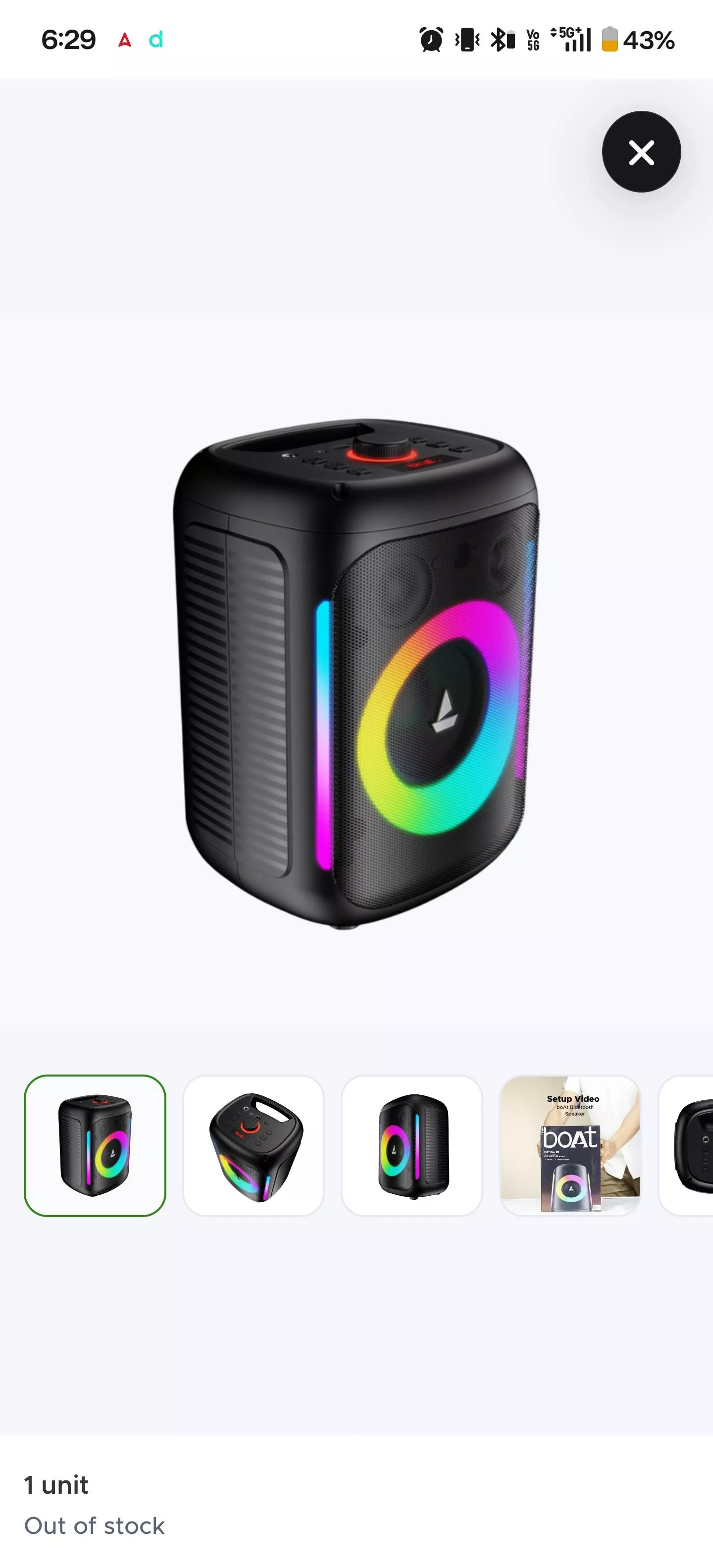 Vibrant boAt PartyPal 60 Bluetooth Speaker in KATHDA featuring RGB LED lights and portable design for robust sound.