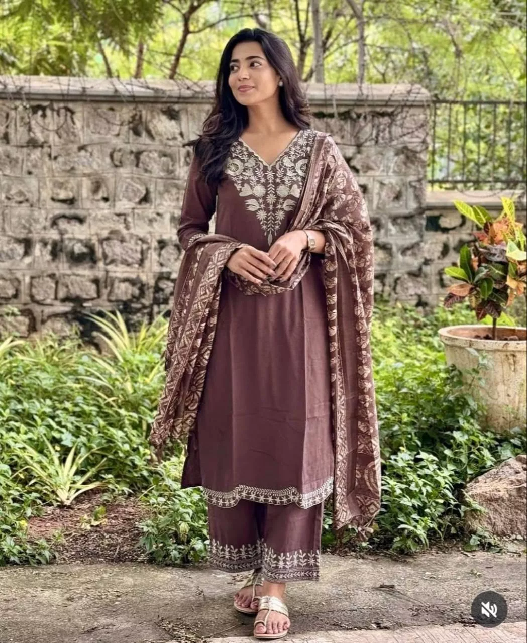Brown Floral Embroidered Kurti Pant Dupatta Set displayed elegantly in Vasant Vihar, showcasing intricate embroidery and a co