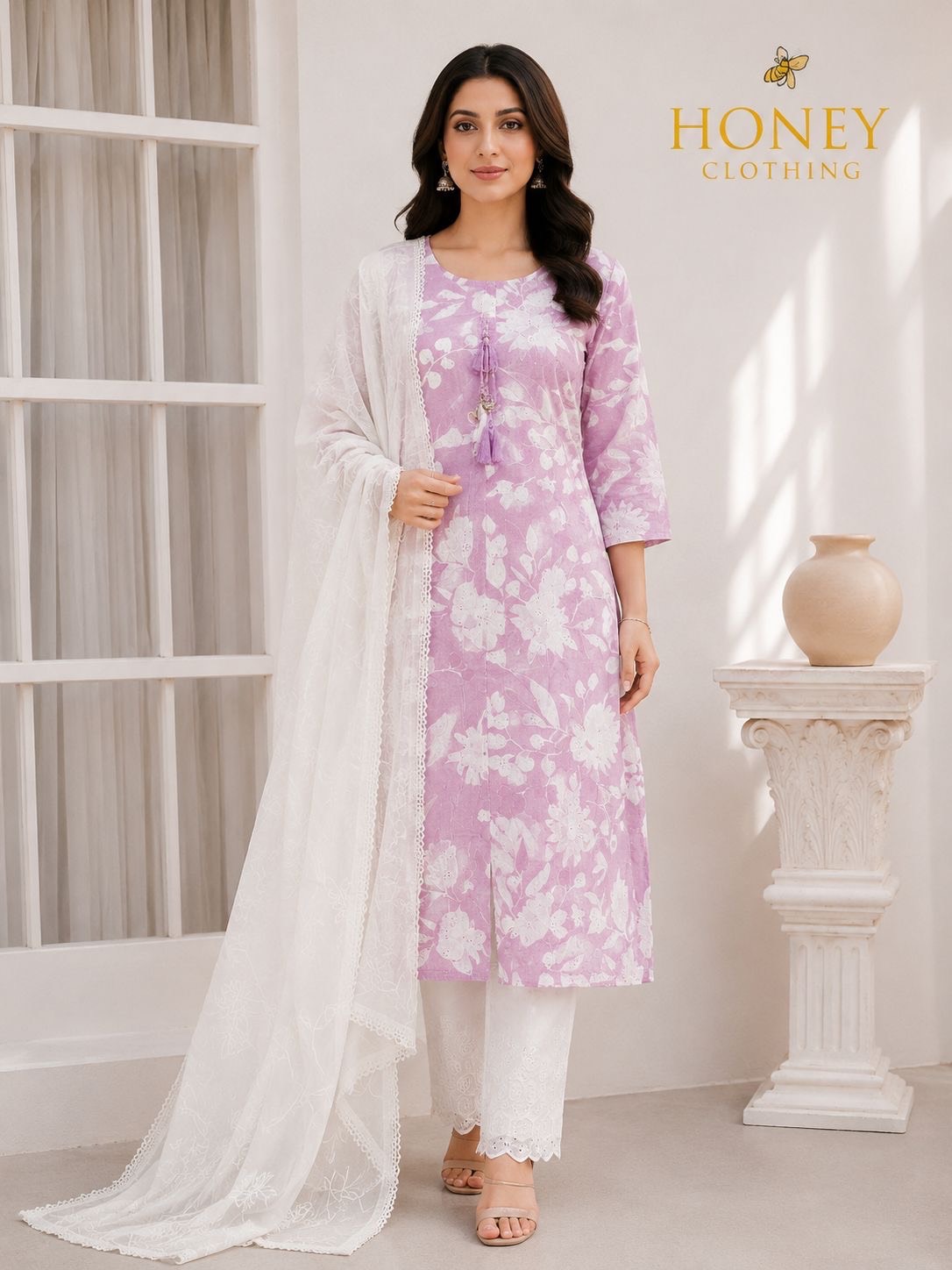 Stylish Chickenkari Kurta Set in Sira featuring intricate designs and soft cotton fabric in four pastel colors.