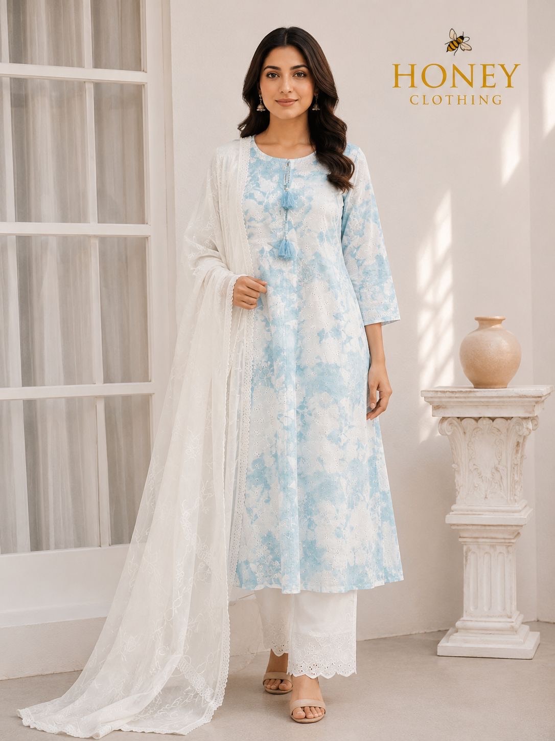 Stylish Chickenkari Kurta Set in Sira featuring intricate designs and soft cotton fabric in four pastel colors. - Image 1