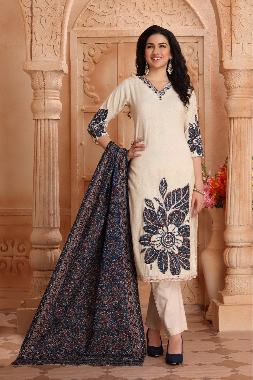 Elegant Khadi cotton kurta set with intricate bead work detailing, perfect for stylish occasions in SIRA. - Image 1