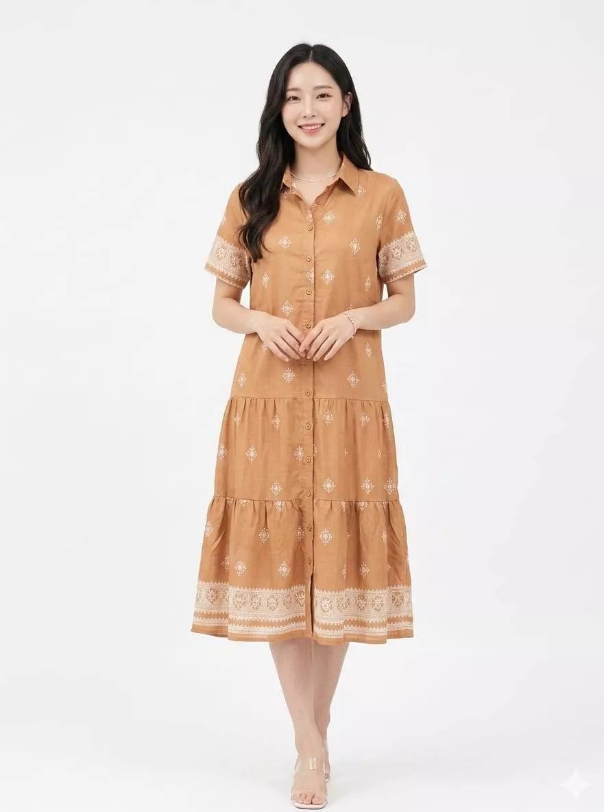 Stylish embroidered brown midi dress with short sleeves, showcased elegantly in Muktsar, featuring intricate embroidery detai