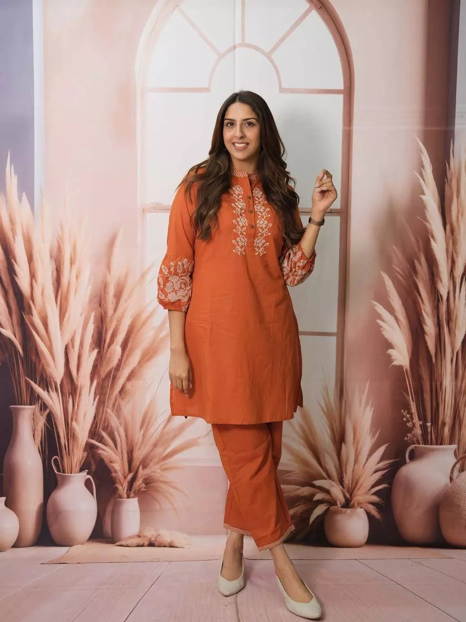 Cotton Rust Co-ord Set with Embroidery featuring a stylish design, ideal for winter wear, displayed in Vasant Vihar.