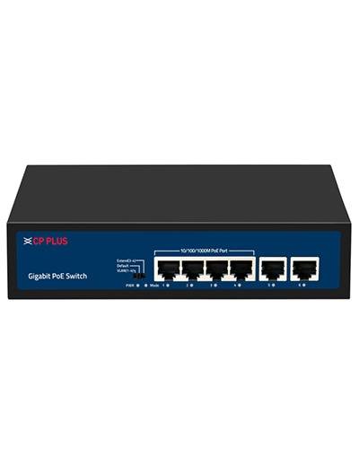 CP Plus Gigabit PoE Switch with five Ethernet ports, designed for high-speed data transfer, displayed in Nashik with a sleek,