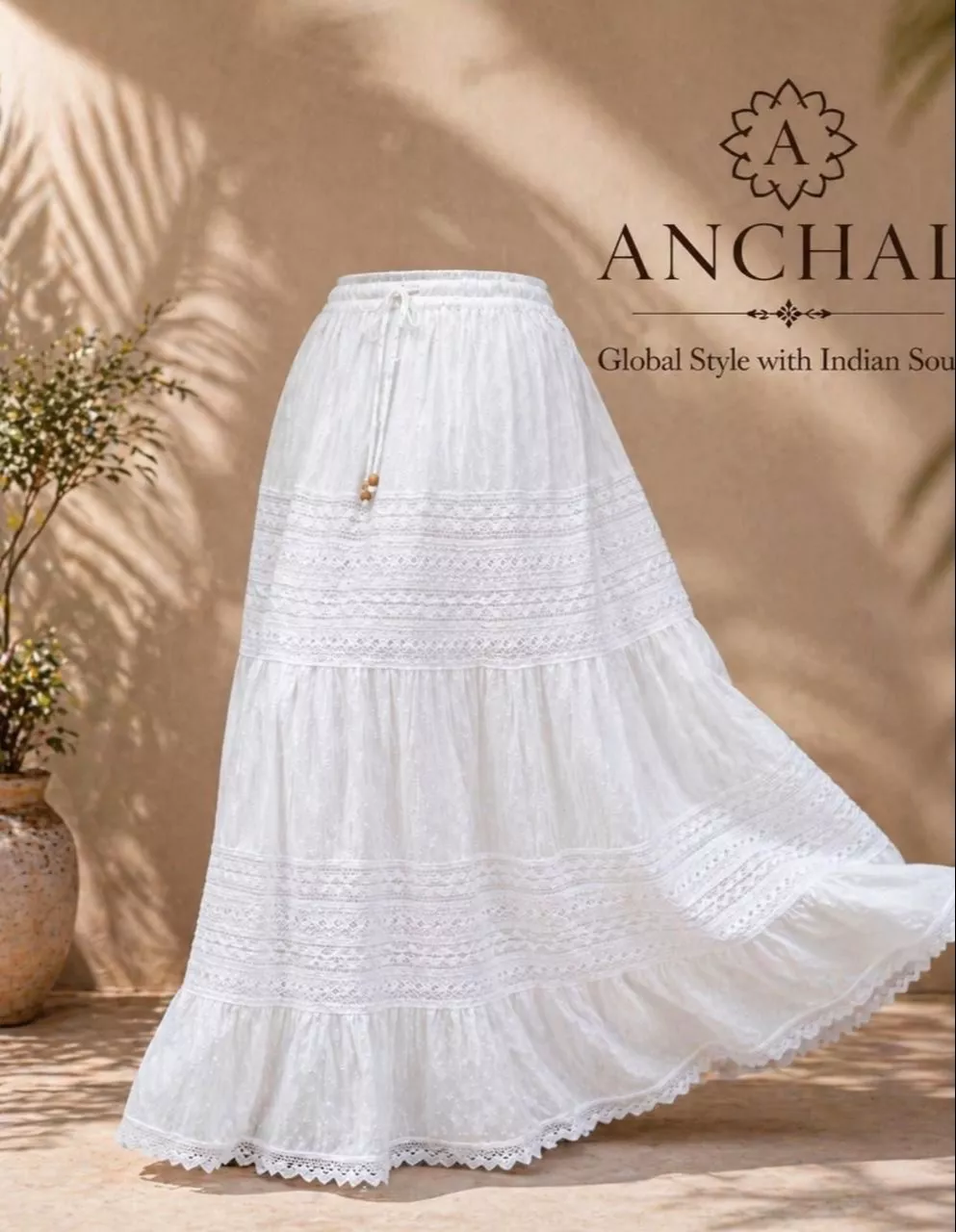 Anchal Bohemian Maxi Skirt in New Delhi featuring elegant lace details, perfect for stylish looks.