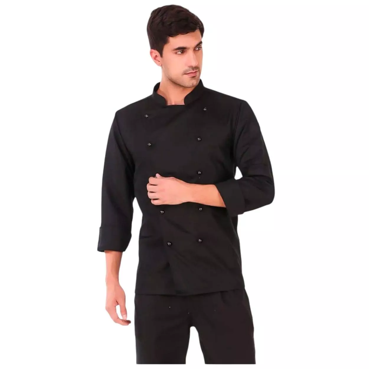 Black double-breasted chef jacket with mandarin collar from D K UNIFORMS in Delhi, designed for professional chefs.